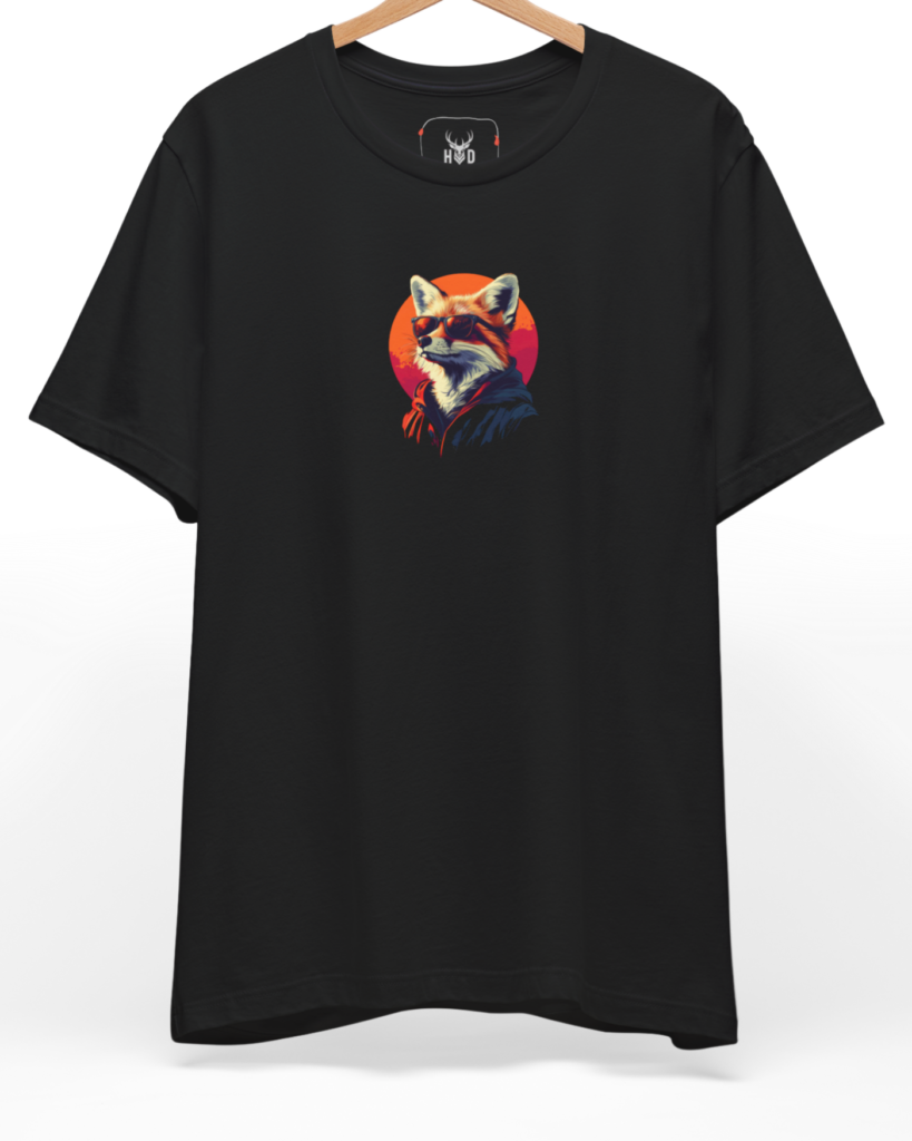 A high-end display of the official Holydeer Cool Fox Graphic Tee showcasing unique Synthwave Fox Top design lines. The central Urban Animal T-Shirt graphic features a miniature Vaporwave Apparel layout centering a detailed Fox Wearing Glasses portrait with a cute fox hoodie art posture and a warm neon gradient circle printed squarely on a black shirt canvas.