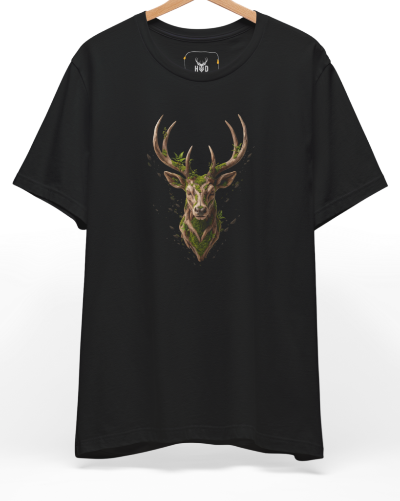 A high-end display of the official Holydeer Deer Graphic Tee showcasing unique Gothic Deer Top design lines. The central Majestic Stag Shirt graphic features a miniature Sacred Nature Wear layout centering a detailed Mossy Antler Tee portrait with intricate green vine growths and woodland animal t textures printed squarely on a black shirt canvas.