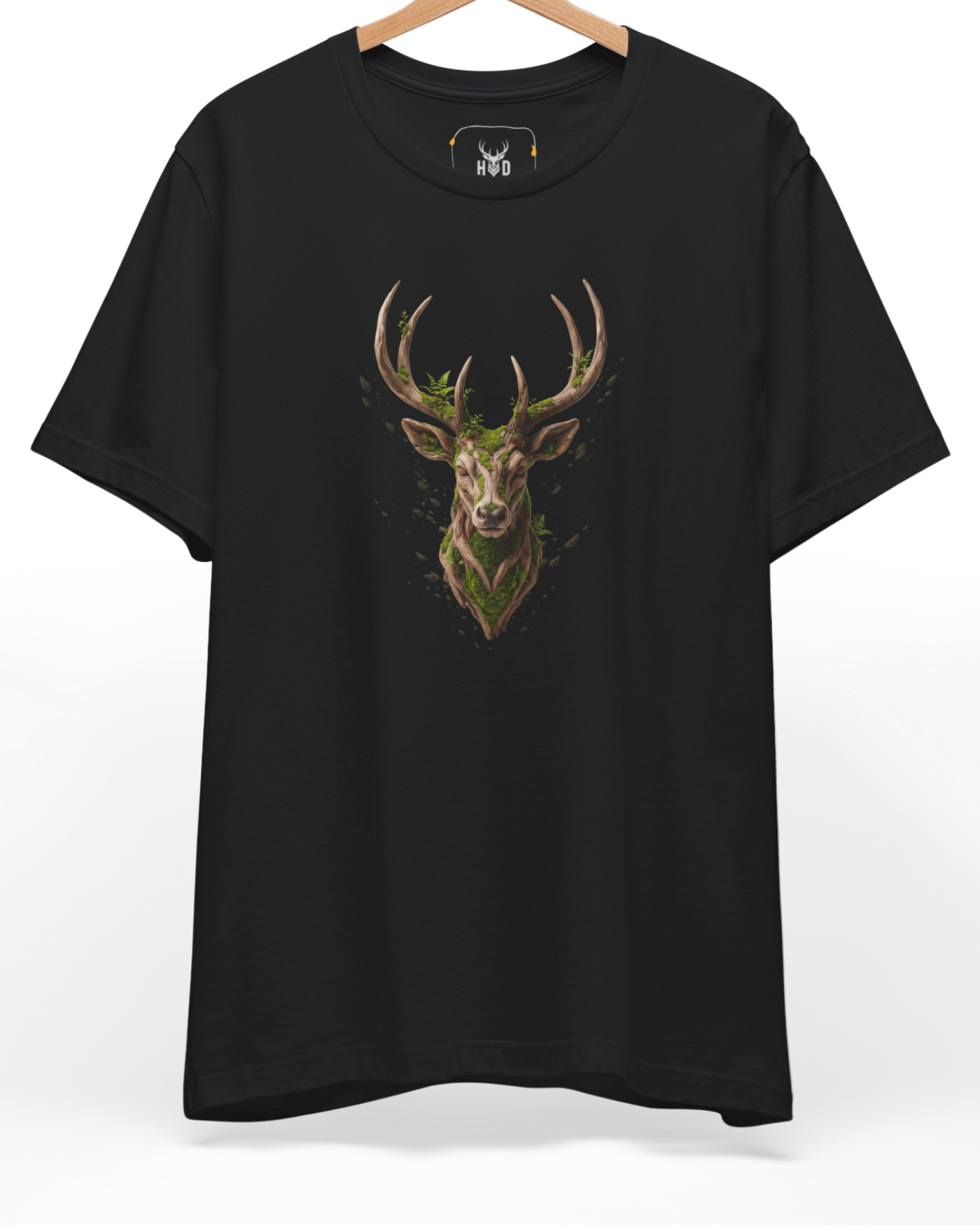 A high-end display of the official Holydeer Deer Graphic Tee showcasing unique Gothic Deer Top design lines. The central Majestic Stag Shirt graphic features a miniature Sacred Nature Wear layout centering a detailed Mossy Antler Tee portrait with intricate green vine growths and woodland animal t textures printed squarely on a black shirt canvas.