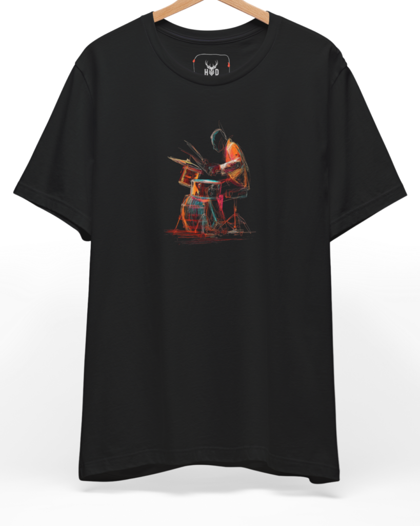 A high-end display of the official Holydeer Drummer Graphic Tee showcasing unique Band Merch Style design lines. The central Rock Drummer T graphic features a miniature Concert Graphic Tee layout centering a detailed Neon Musician Top drummer performing with a vibrant Colorful Drum Tee kit printed squarely on a black shirt canvas.