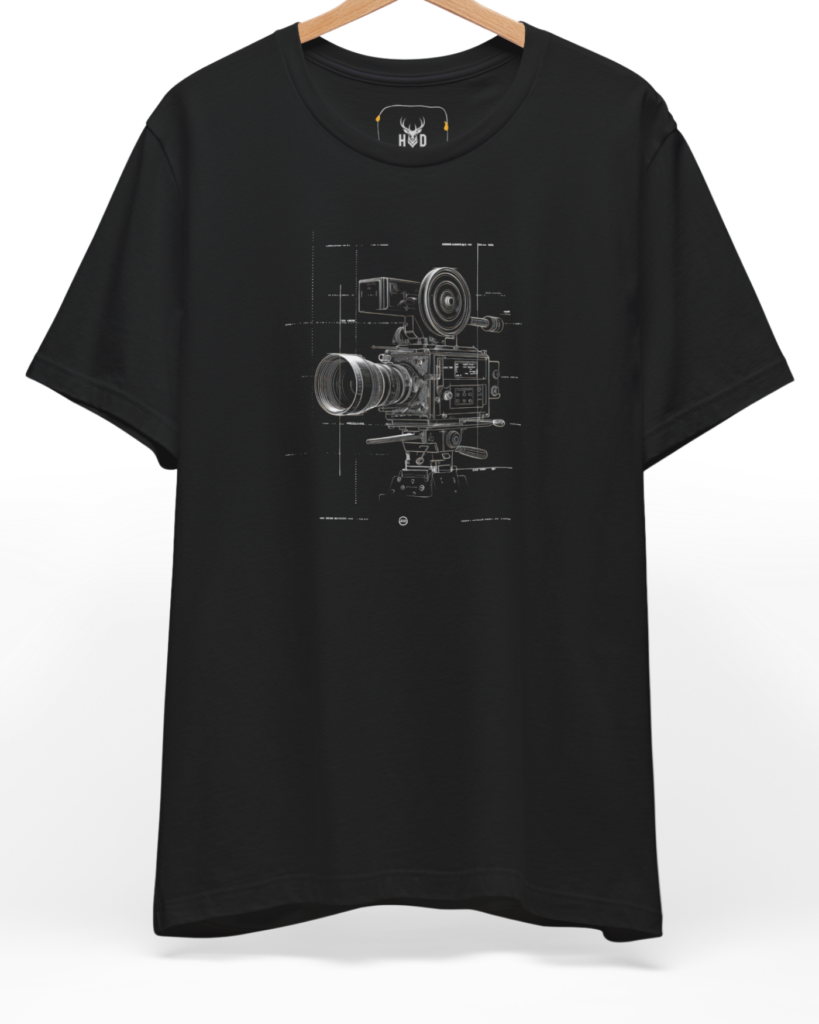 A high-end display of the official Holydeer Film Director Tee showcasing unique Boutique Studio Wear design lines. The central Filmmaker Gift Shirt graphic features a miniature Retro Cinema T layout centering a detailed Technical Camera Art camera blueprint top design with fine lens rings printed squarely on a black shirt canvas.