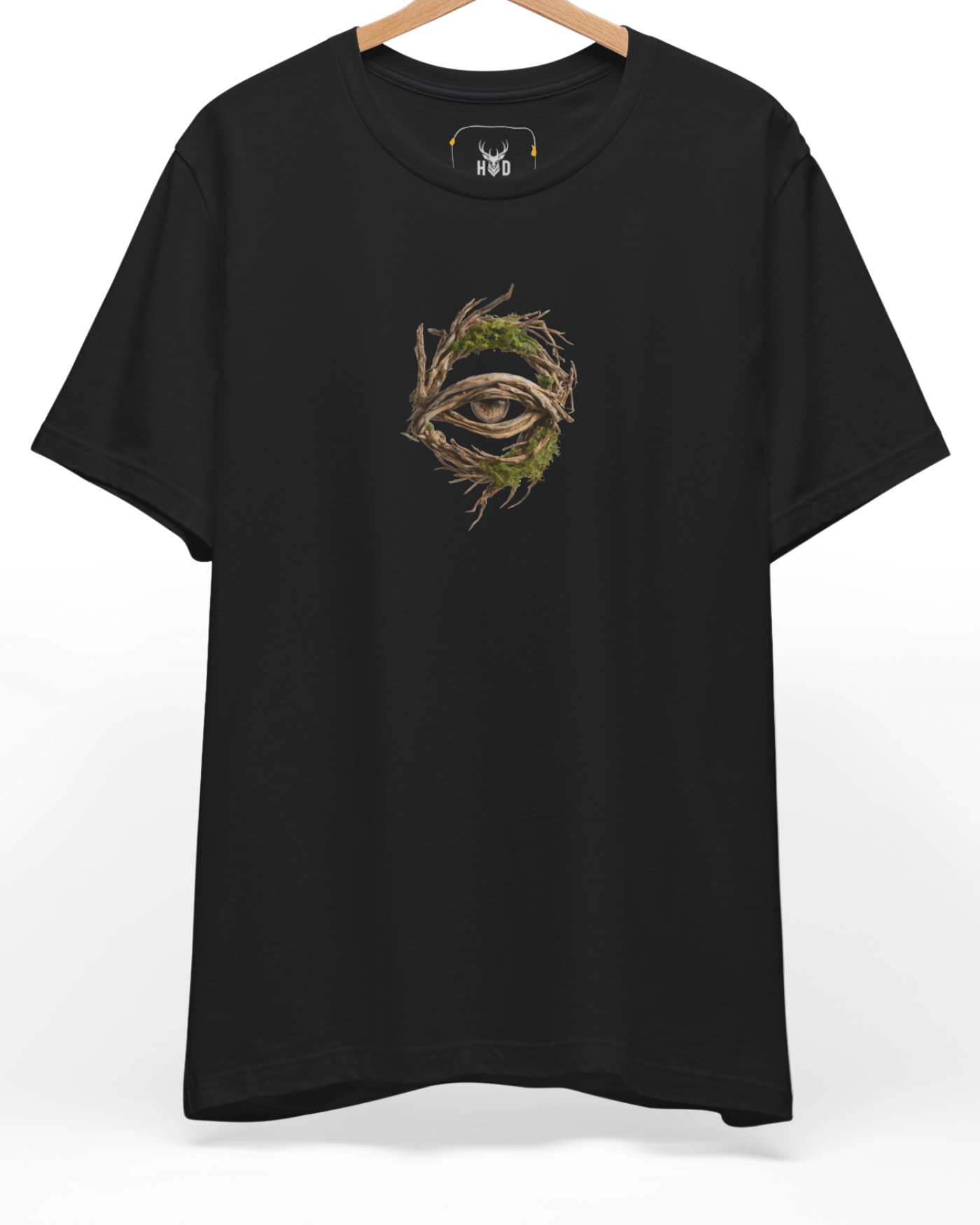 A high-end display of the official Holydeer Forest Eye Shirt showcasing unique Pagan Nature Top design lines. The central Surreal Eye Art graphic features a miniature Nature Eye Graphic layout centering a detailed Witchy Branch Shirt portrait with intricate green vine growths and tree root clothing textures printed squarely on a black shirt canvas.