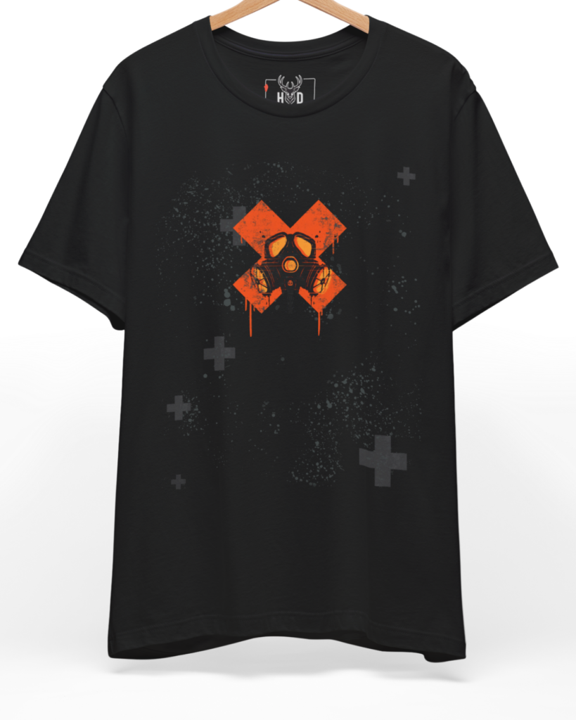 A high-end display of the official Holydeer Gas Mask Graphic Tee showcasing raw Dystopian Streetwear design lines. The central techwear apparel art graphic features a miniature urban rebel clothing layout centering a highly detailed toxic hazard apparel gas mask with glowing orange eye filters printed squarely inside a dripping orange grunge graffiti tee cross over dark fabric.