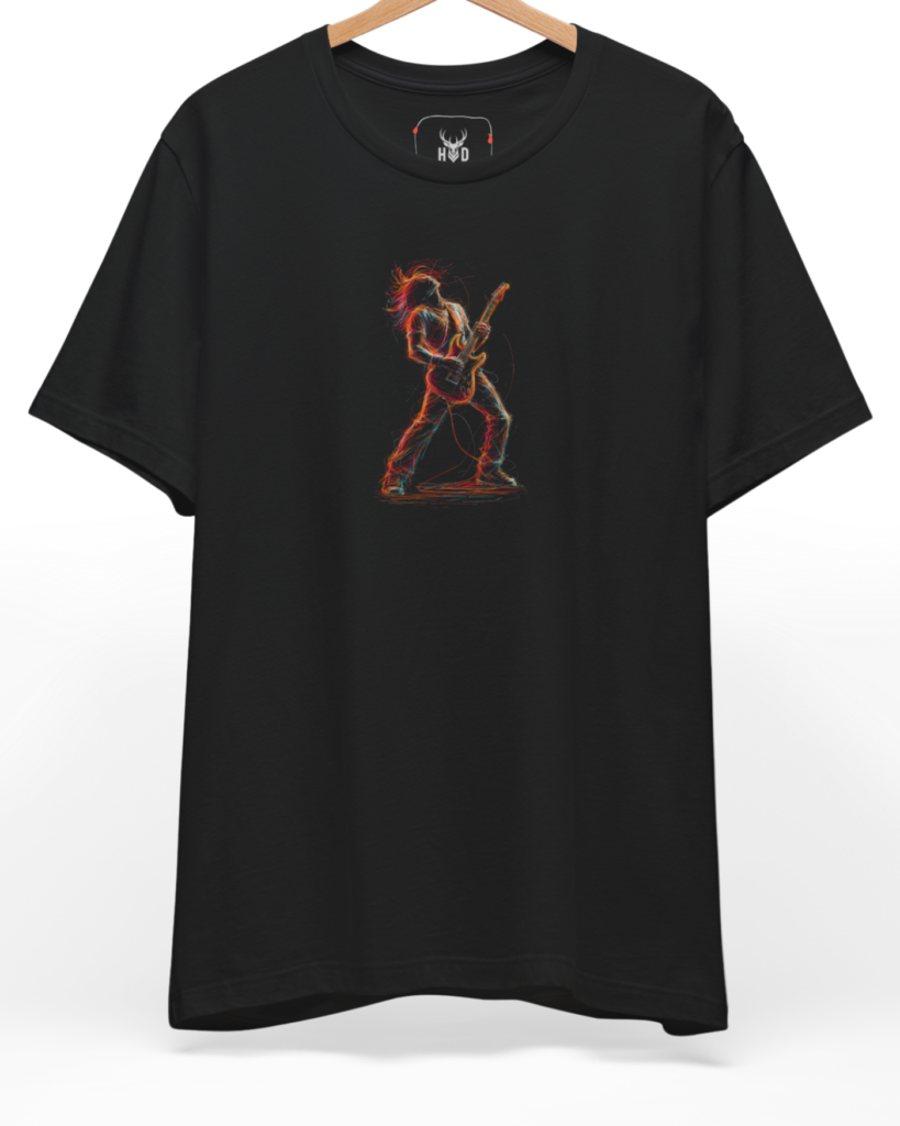A high-end display of the official Holydeer Guitarist Graphic T showcasing unique Band Merch Style design lines. The central Electric Guitarist graphic features a miniature Concert Graphic Tee layout centering a detailed Neon Musician Top performer shredding a solo on a Colorful Guitar Tee printed squarely on a black shirt canvas.