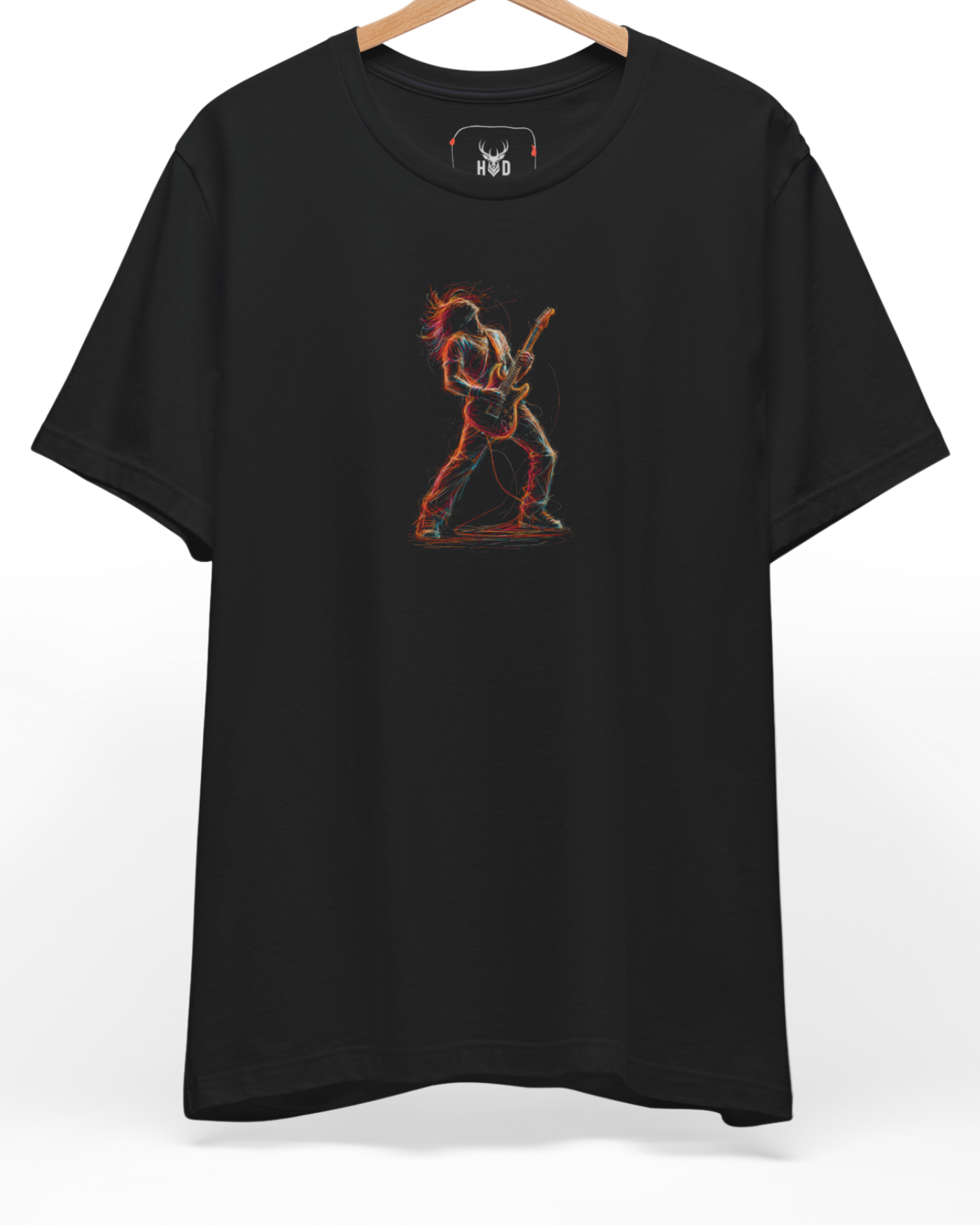 A high-end display of the official Holydeer Guitarist Graphic T showcasing unique Band Merch Style design lines. The central Electric Guitarist graphic features a miniature Concert Graphic Tee layout centering a detailed Neon Musician Top performer shredding a solo on a Colorful Guitar Tee printed squarely on a black shirt canvas.