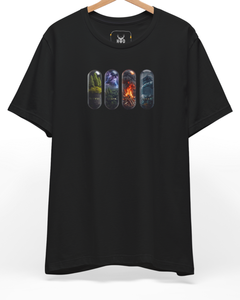 A high-end display of the official Holydeer Nature Capsule Tee showcasing unique Dark Aesthetic Top design lines. The central Four Elements Shirt graphic features a miniature Conceptual Nature T layout centering four detailed medical gel capsules holding an Abstract Forest T, lightning storm pill apparel, blazing bonfire, and ocean waves printed squarely on a black shirt canvas.