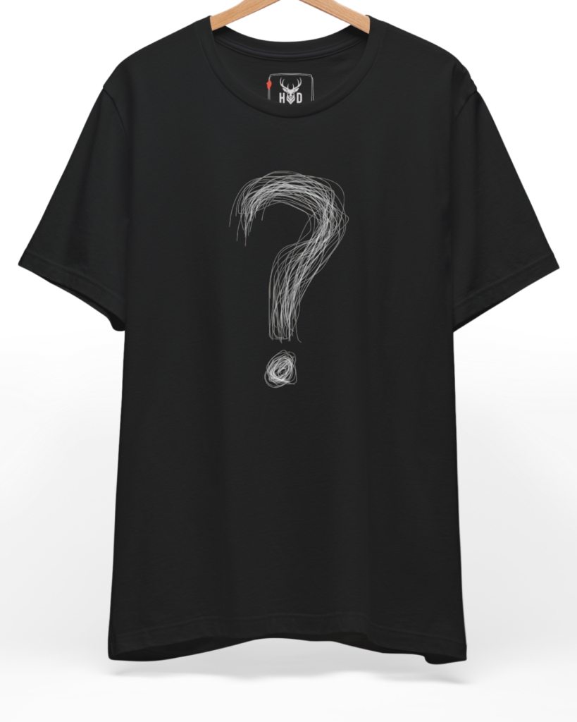 A high-end display of the official Holydeer Question Mark Tee showcasing unique Boutique Streetwear design lines. The central Mystery Symbol T graphic features a miniature Minimalist Line Art layout centering a detailed Abstract Sketch Art question mark shape woven from thin white overlapping lines printed squarely on a black shirt canvas.