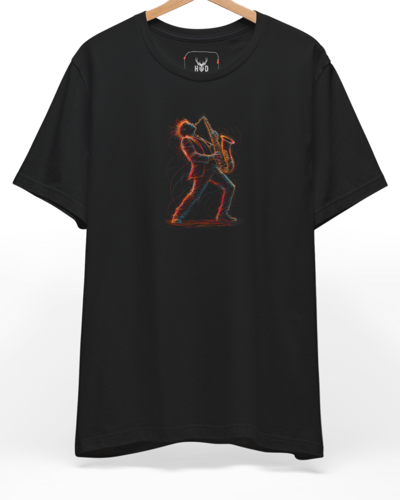 A high-end display of the official Holydeer Saxophone Graphic T showcasing unique Jazz Band Apparel design lines. The central Neon Saxophonist graphic features a miniature Concert Graphic Tee layout centering a detailed Blues Musician Top performer blowing a solo on a Colorful Jazz Tee printed squarely on a black shirt canvas.