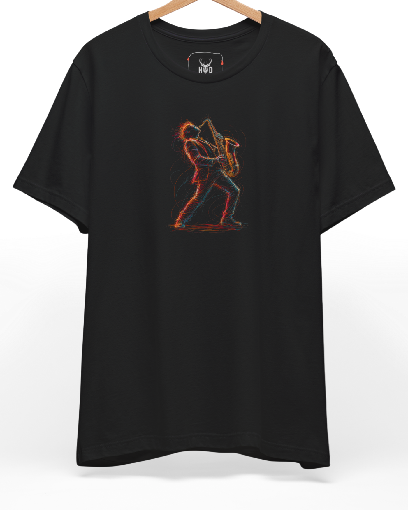 A high-end display of the official Holydeer Saxophone Graphic T showcasing unique Jazz Band Apparel design lines. The central Neon Saxophonist graphic features a miniature Concert Graphic Tee layout centering a detailed Blues Musician Top performer blowing a solo on a Colorful Jazz Tee printed squarely on a black shirt canvas.