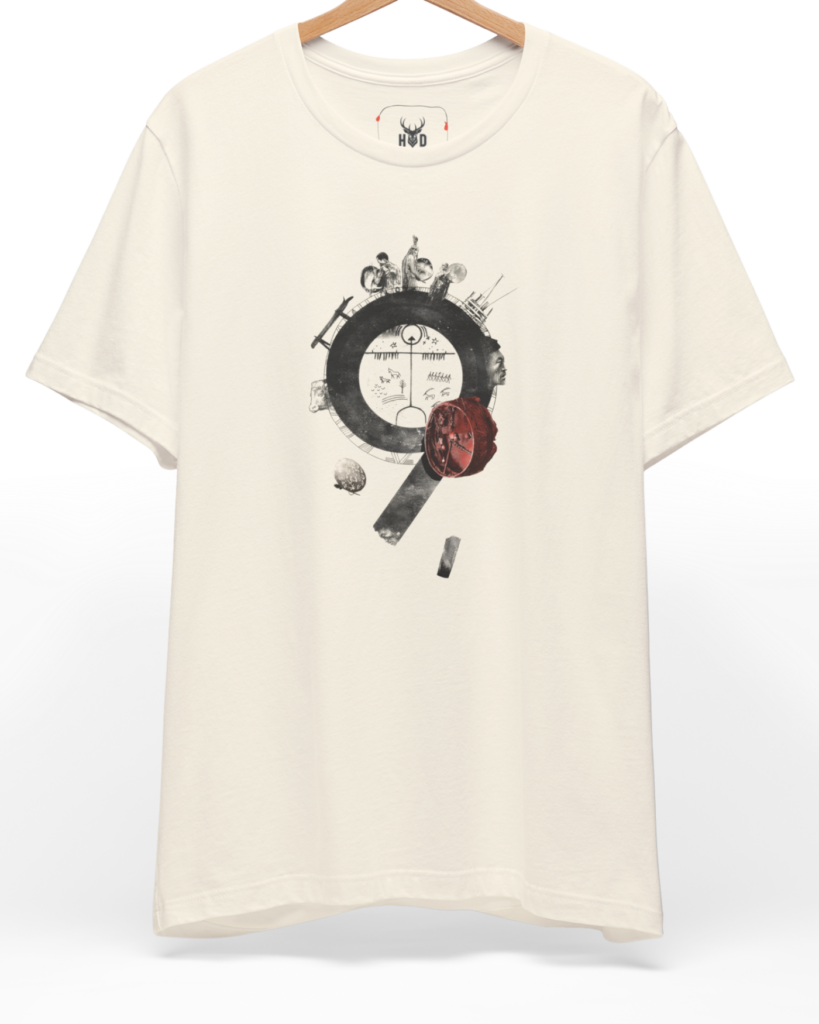 A high-end display of the official Holydeer Shamanic Shaman Tee showcasing unique Nomad Culture Wear design lines. The central Tengri Symbol Shirt graphic features a miniature Ethnic Graphic Tee layout centering a detailed Archaic Petroglyph ring, historical figures, and a deep red Mystic Shaman Drum printed squarely on a natural cotton shirt canvas.