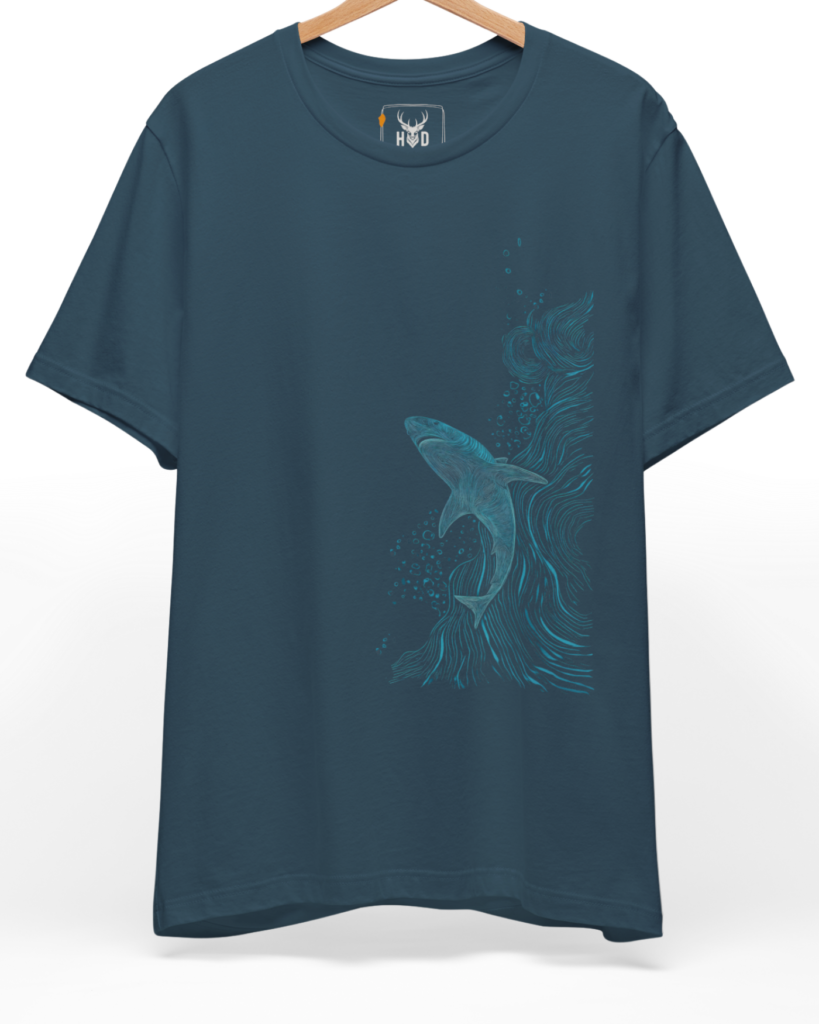 A high-end display of the official Holydeer Shark Graphic Tee showcasing unique Nautical Streetwear design lines. The central Ocean Adventure Top graphic features a miniature Oceanic Line Art layout centering a detailed Apex Predator Shirt shark silhouette woven from thin blue overlapping waves printed squarely on a deep teal shirt canvas.