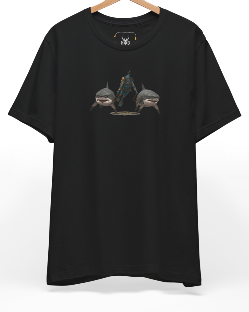 A high-end display of the official Holydeer Shark Graphic Tee showcasing unique Nautical Streetwear design lines. The central Ocean Adventure Top graphic features a miniature Surreal Shark Art layout centering a detailed Diver Gift Shirt diver with twin sharks attached via custom rope lines printed squarely on a black canvas.