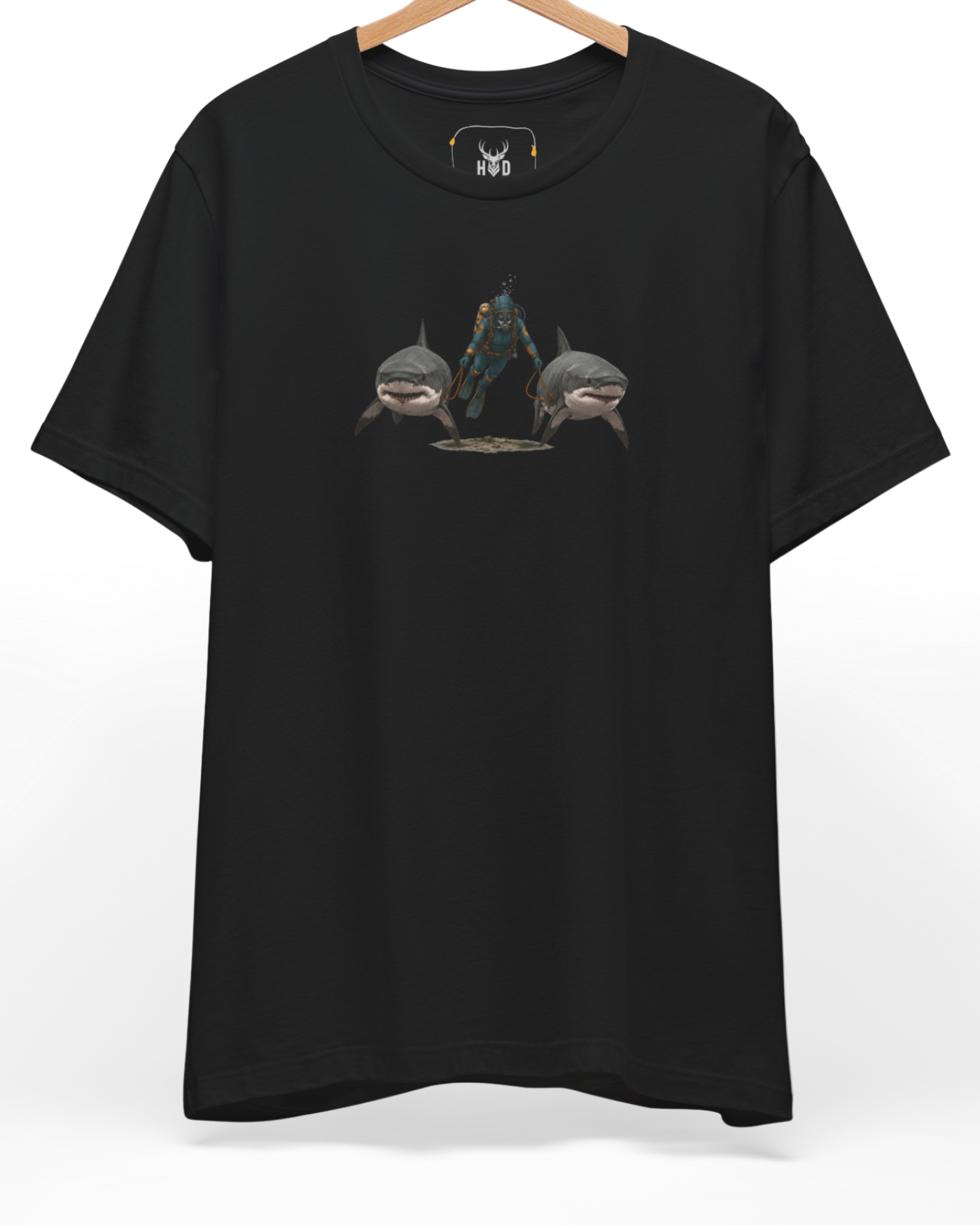 A high-end display of the official Holydeer Shark Graphic Tee showcasing unique Nautical Streetwear design lines. The central Ocean Adventure Top graphic features a miniature Surreal Shark Art layout centering a detailed Diver Gift Shirt diver with twin sharks attached via custom rope lines printed squarely on a black canvas.