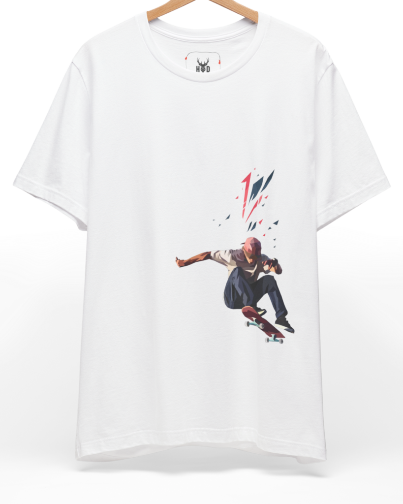 A high-end display of the official Holydeer Skateboarder Tee showcasing unique Urban Streetwear T design lines. The central Skater Gift Shirt graphic features a miniature Minimalist Skate T layout centering a detailed Low Poly Design skater figure executing an extreme sports t move with floating geometric fragments printed squarely on a white shirt canvas.