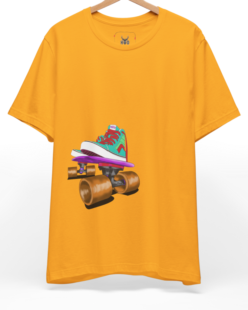 An upfront studio product shot capturing the official Holydeer Skater Graphic Tee suspended cleanly from a metallic display bar. The central artwork highlights a bright teal Streetwear Sneaker resting on a purple Penny Board Clothing deck with large cylindrical copper wheels, presented as a premium minimalist design layout on a golden cotton tee.
