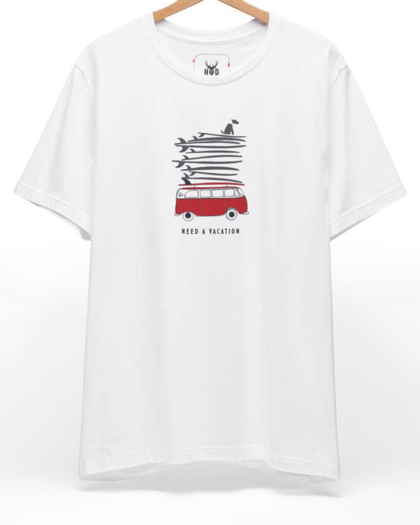 A high-end display of the official Holydeer Vacation Graphic Tee showcasing unique Ocean Humor Apparel design lines. The central Need A Vacation Top graphic features a miniature Nautical Streetwear layout centering a detailed red retro camper top carrying a giant vertical stack of sketchy surfboard elements with a surfing dog clothing icon printed squarely on a clean white shirt canvas.