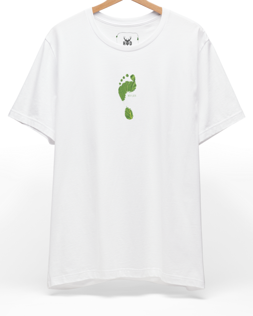 A high-end display of the official Holydeer Walk Green Tee showcasing unique Organic Vibe Apparel design lines. The central Save The Planet T graphic features a miniature Conscious Style Wear layout centering a detailed Nature Footprint T portrait with intricate green leaf veins and eco activist shirt textures printed squarely on a white shirt canvas.