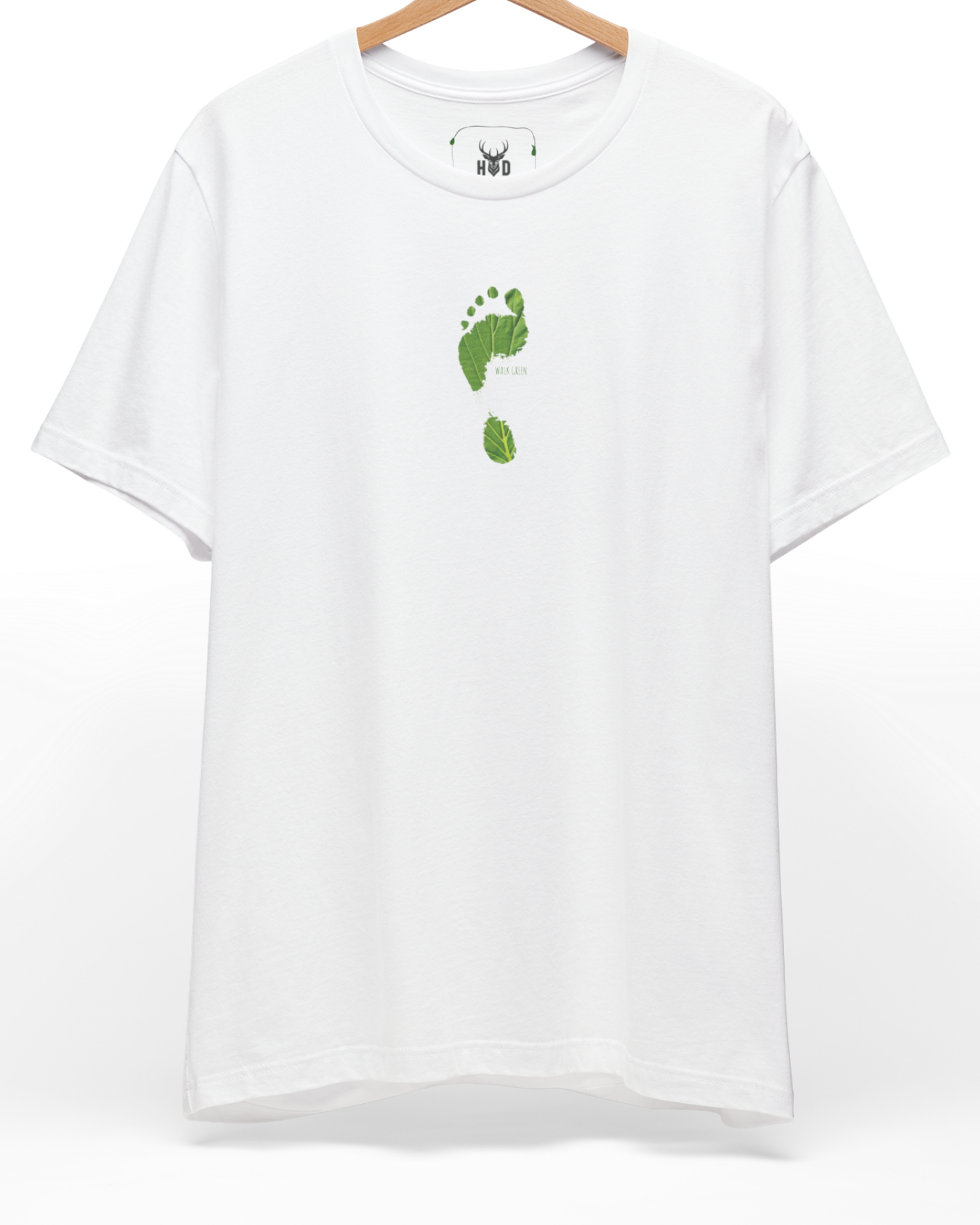 A high-end display of the official Holydeer Walk Green Tee showcasing unique Organic Vibe Apparel design lines. The central Save The Planet T graphic features a miniature Conscious Style Wear layout centering a detailed Nature Footprint T portrait with intricate green leaf veins and eco activist shirt textures printed squarely on a white shirt canvas.