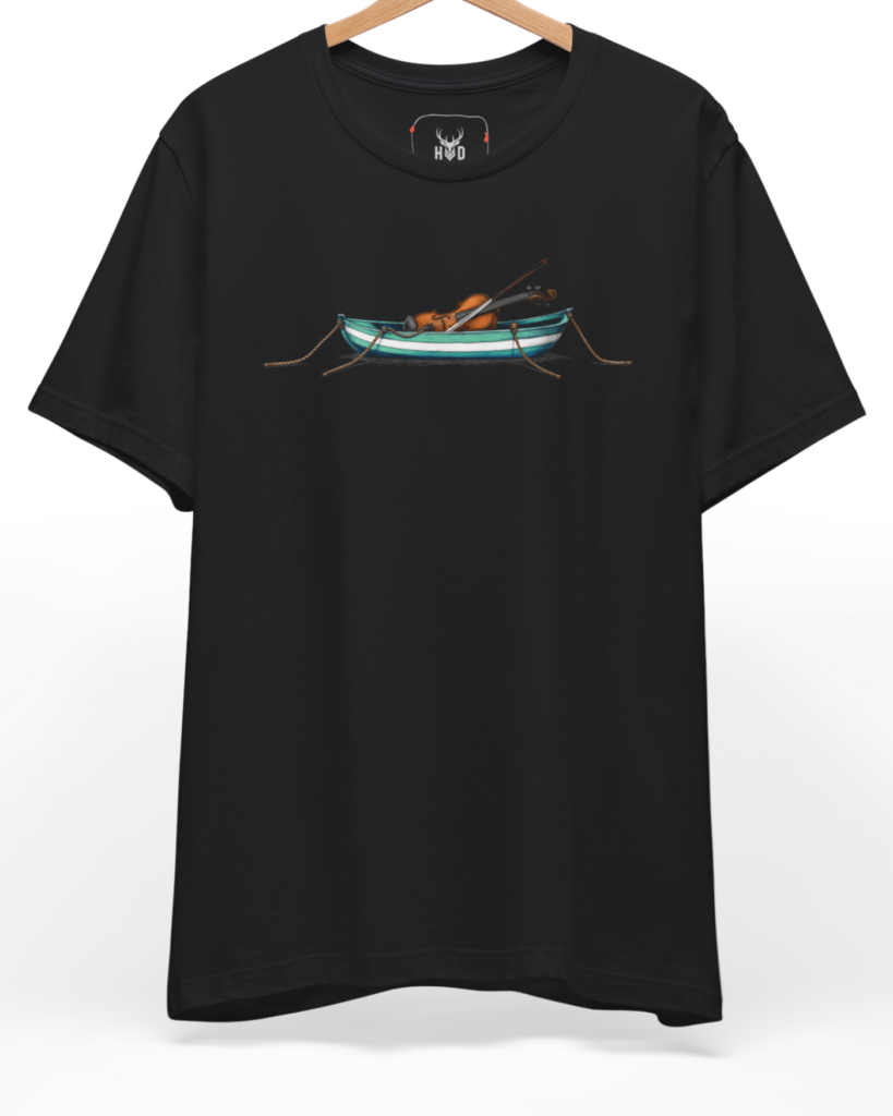 A high-end showcase of our minimalist music top on a non-reflective dark garment frame. The artwork centers a miniature poetic music cloth concept tracking a polished brown classic violin body with its bow casually leaning over a striped turquoise and white rowing boat anchored safely in calm water.