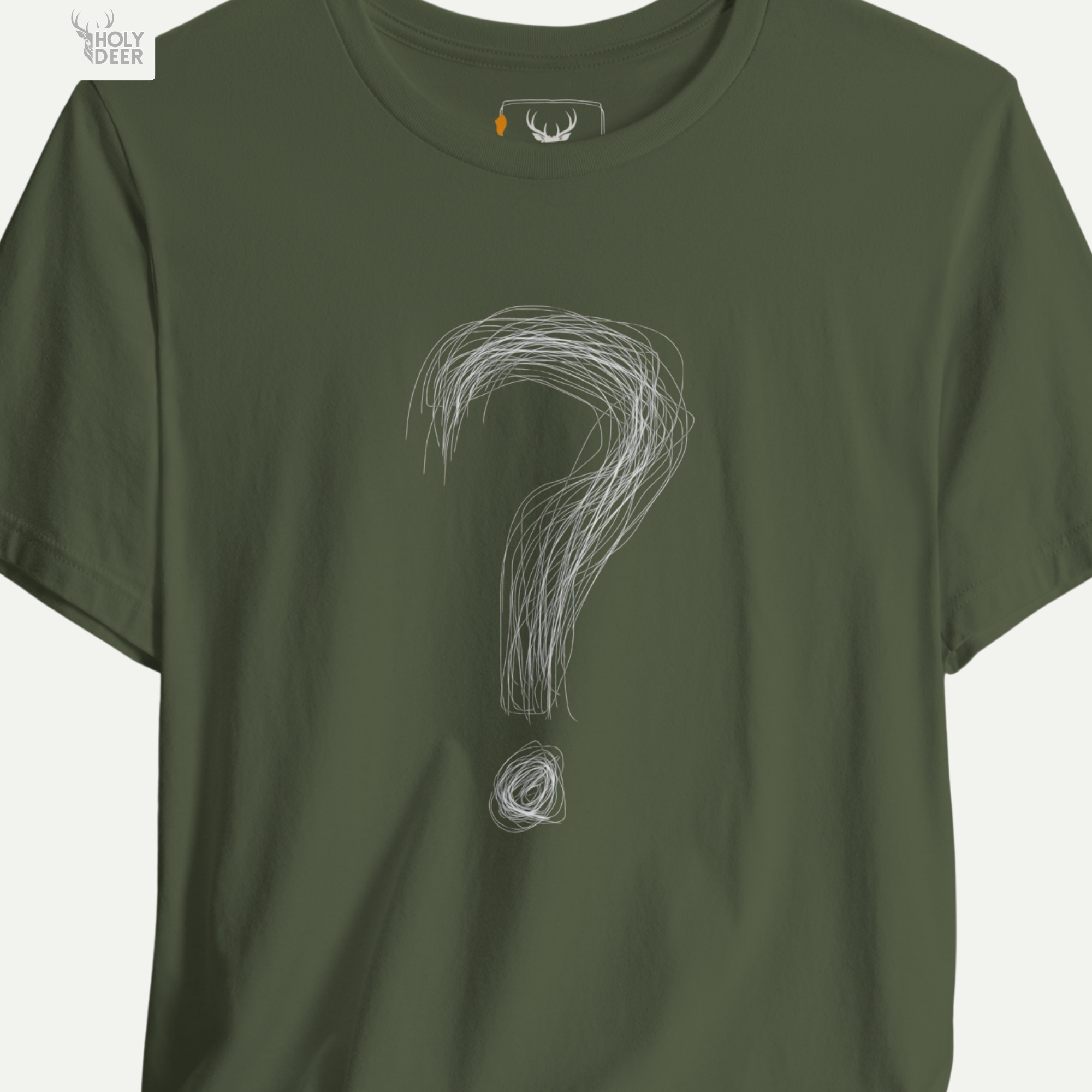 A close showroom catalog viewpoint of the Holydeer Apparel Question Mark Tee showing the specialized Alternative Apparel printing finish. The framework tracks the tight screen registration of this Scribble Graphic Top and Existential Tee selection to monitor deep design style rendering, material texturing behaviors, and light reflection.