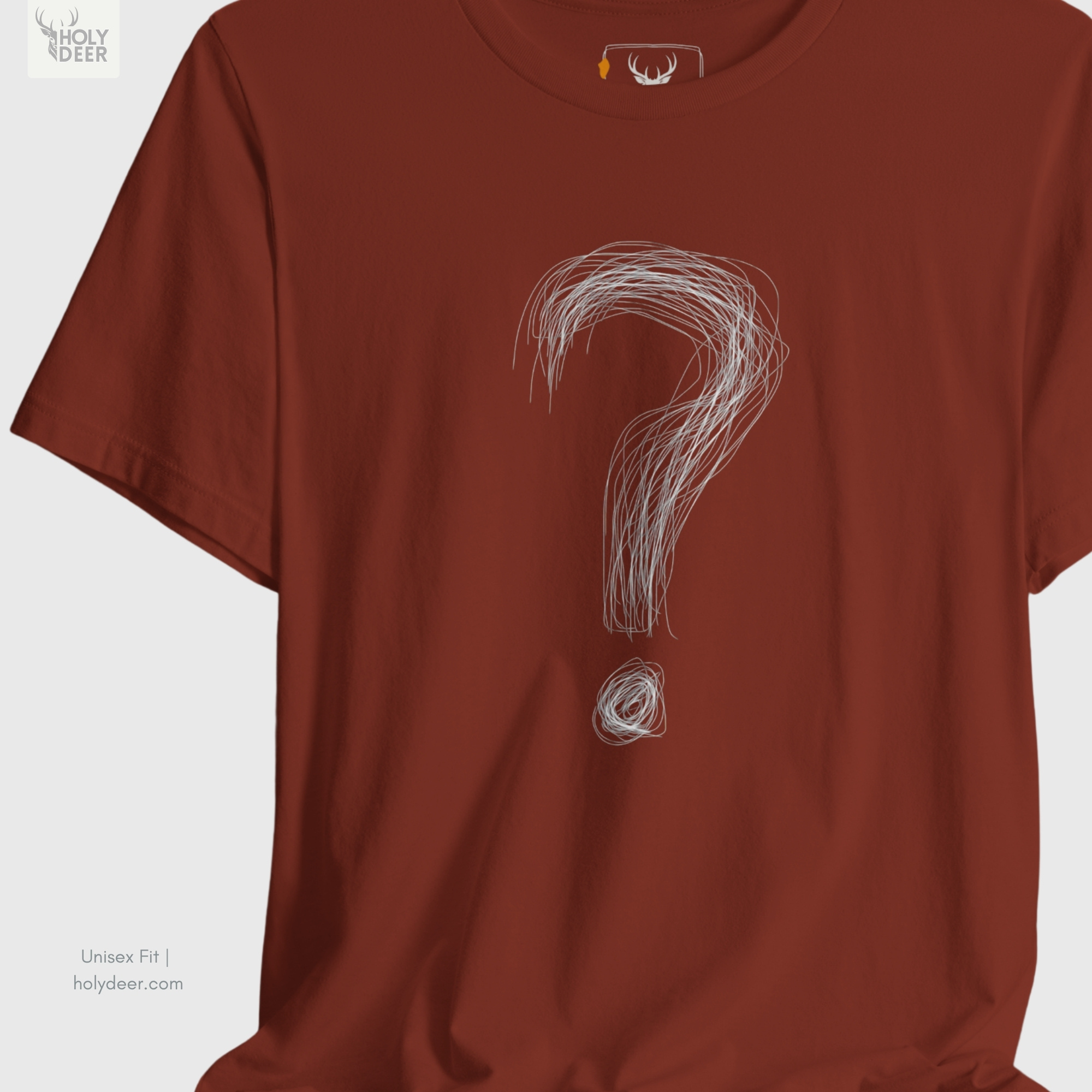 An extreme high-magnification macro focus inside the Holydeer Streetwear Question Mark Tee tracking the detailed Minimalist Line Art curvature matrix. The print layer highlights the sharp scratch-like white vector threads, nested charcoal shading voids, dense overlapping line clusters, and clean ink borders that define this premium mystery symbol t piece.