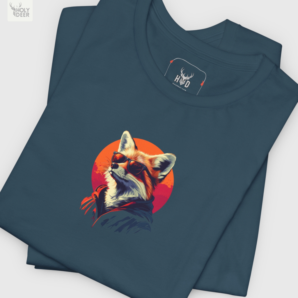 A close showroom catalog viewpoint of the Holydeer Apparel Cool Fox Graphic Tee showing the specialized Streetwear Fox Tee printing finish. The framework tracks the tight screen registration of this Cool Red Fox Shirt and Edgy Animal Graphic selection to monitor 90s retro aesthetic rendering, material texturing behaviors, and light reflection.