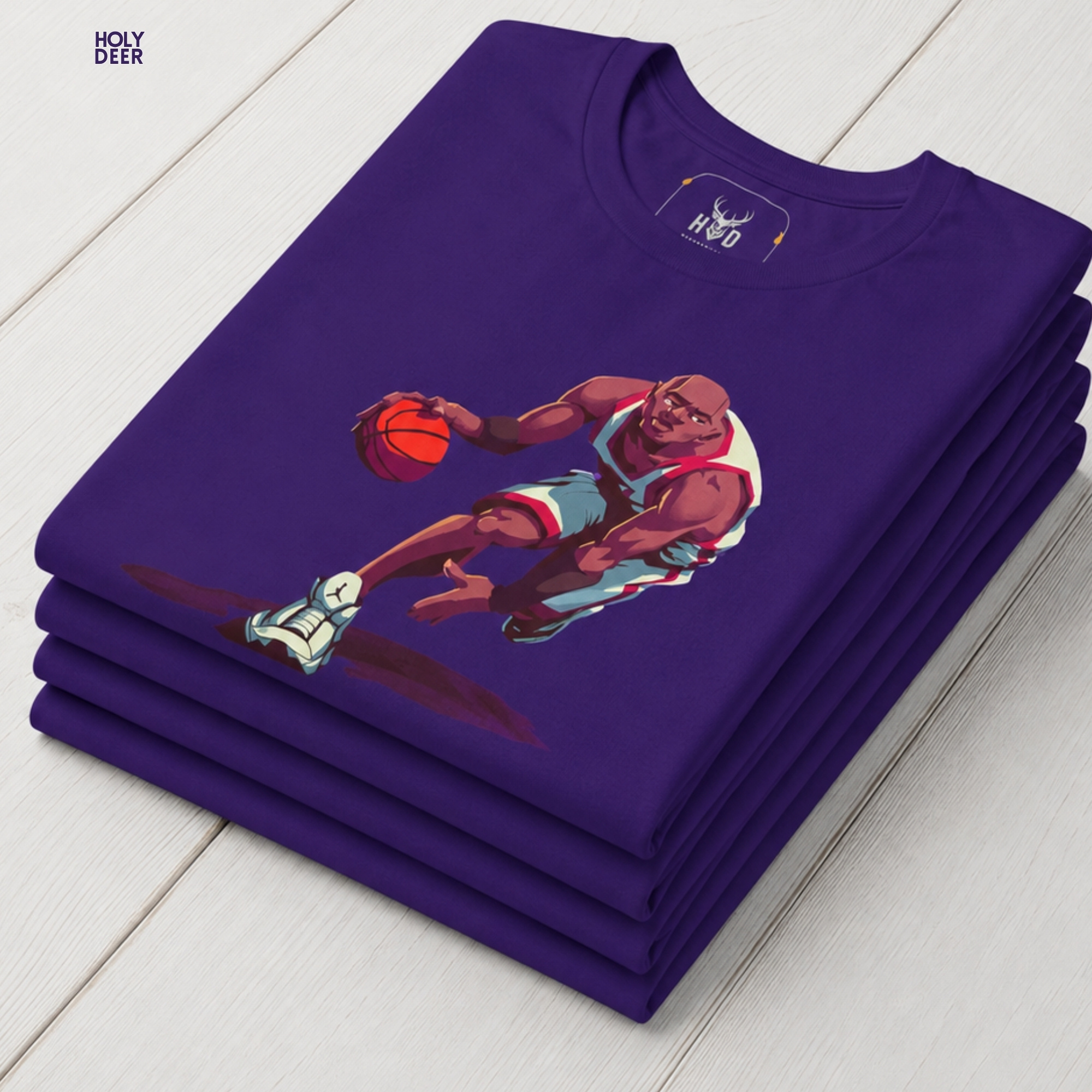 A close showroom catalog viewpoint of the Holydeer Apparel Basketball Shirt showing the specialized Performance Clothing printing finish. The framework tracks the tight screen registration of this Crossover Tee and Basketballer Gift selection to monitor retro streetball rendering, material texturing behaviors, and light reflection.