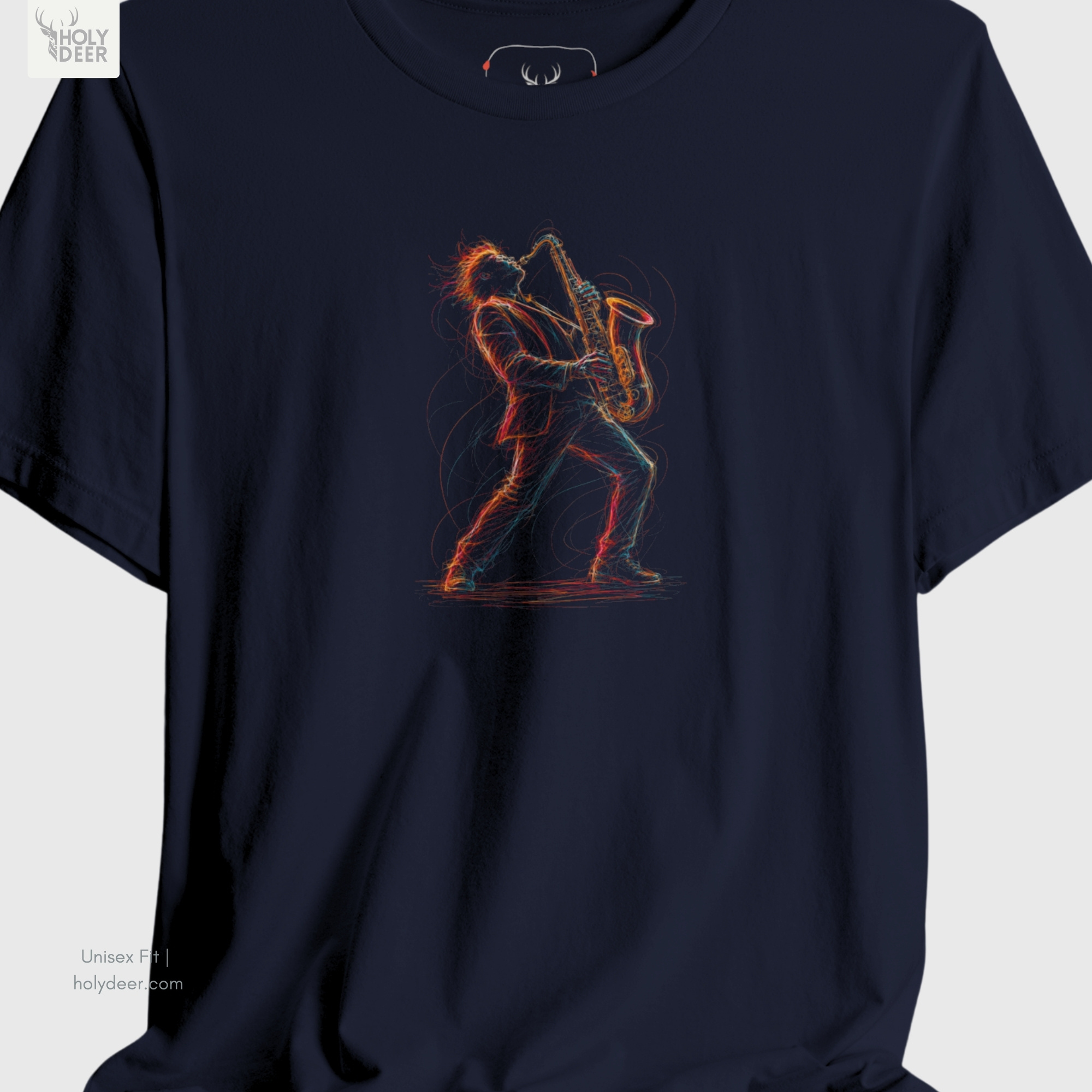A close showroom catalog viewpoint of the Holydeer Apparel Saxophone Graphic T showing the specialized Live Music T-Shirt printing finish. The framework tracks the tight screen registration of this Sax Player Gift and Festival Outfit T selection to monitor deep design style rendering, material texturing behaviors, and light reflection.