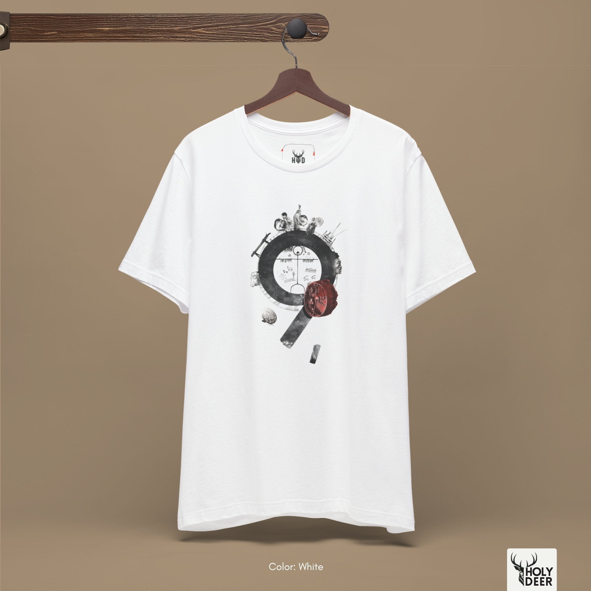 A close showroom catalog viewpoint of the Holydeer Apparel Shamanic Shaman Tee showing the specialized Spiritual Ritual T printing finish. The framework tracks the tight screen registration of this Ancient Turkic Top and Nomad Culture Wear selection to monitor deep design style rendering, material texturing behaviors, and light reflection.