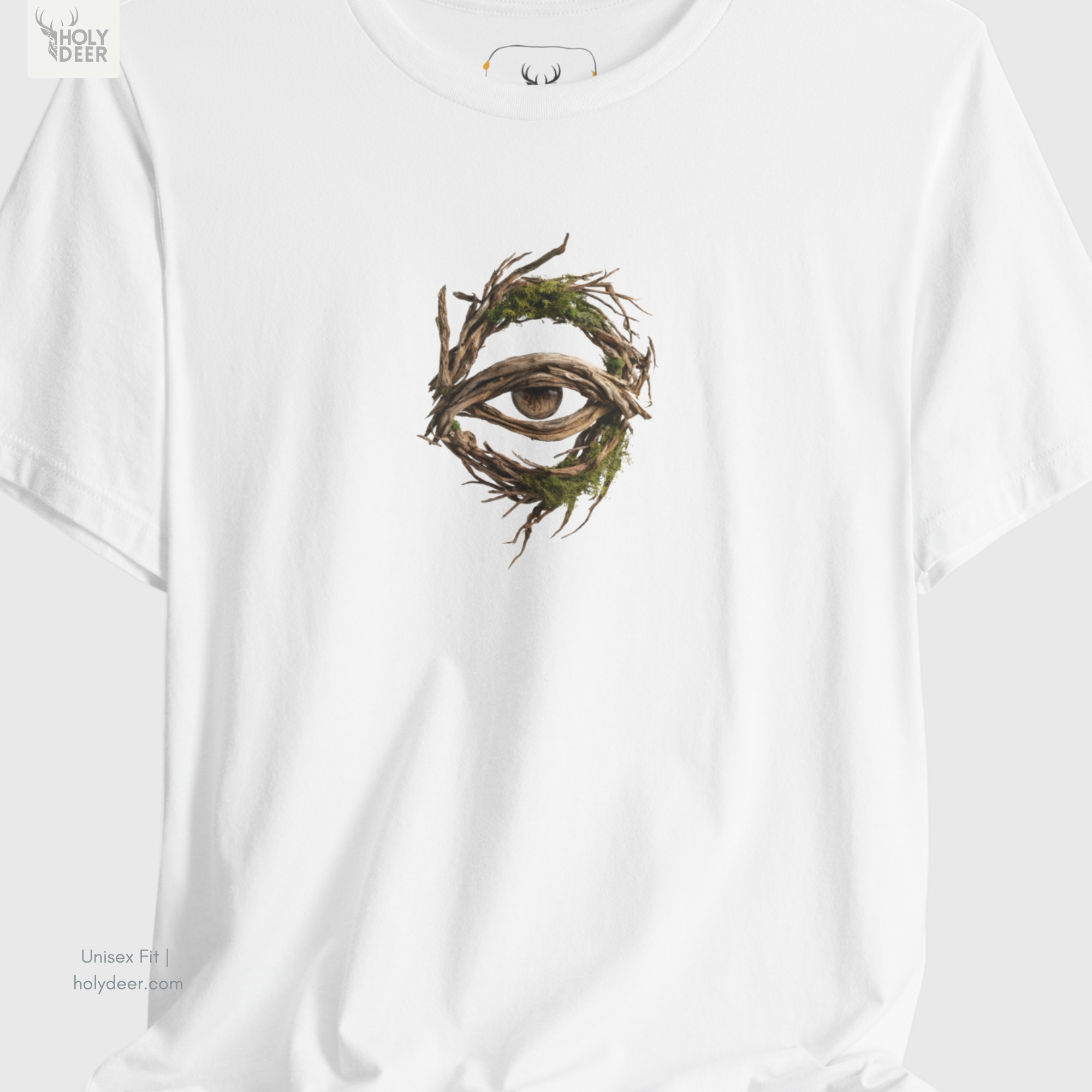 A close showroom catalog viewpoint of the Holydeer Apparel Forest Eye Shirt showing the specialized Boutique Apparel printing finish. The framework tracks the tight screen registration of this Dark Academia Tee and Eerie Nature T selection to monitor deep design style rendering, material texturing behaviors, and light reflection.
