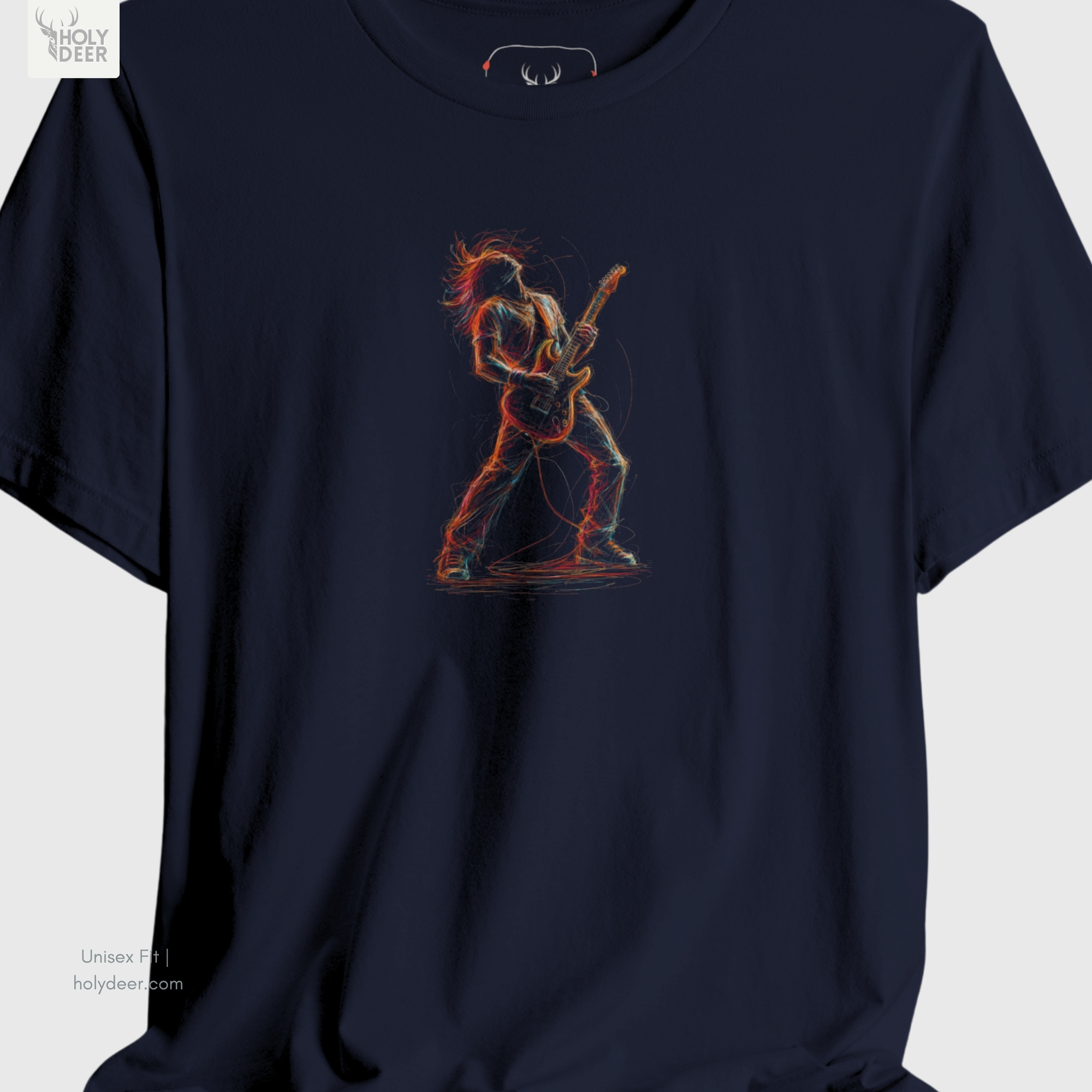 A close showroom catalog viewpoint of the Holydeer Apparel Guitarist Graphic T showing the specialized Live Music T-Shirt printing finish. The framework tracks the tight screen registration of this Guitar Player Gift and Festival Outfit T selection to monitor deep design style rendering, material texturing behaviors, and light reflection.