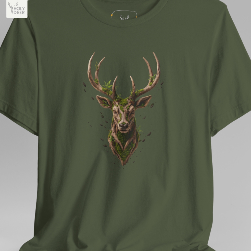 A close showroom catalog viewpoint of the Holydeer Apparel Deer Graphic Tee showing the specialized Earthy Concept Wear printing finish. The framework tracks the tight screen registration of this Dark Academia Shirt and Witchy Forest Top selection to monitor deep design style rendering, material texturing behaviors, and light reflection.