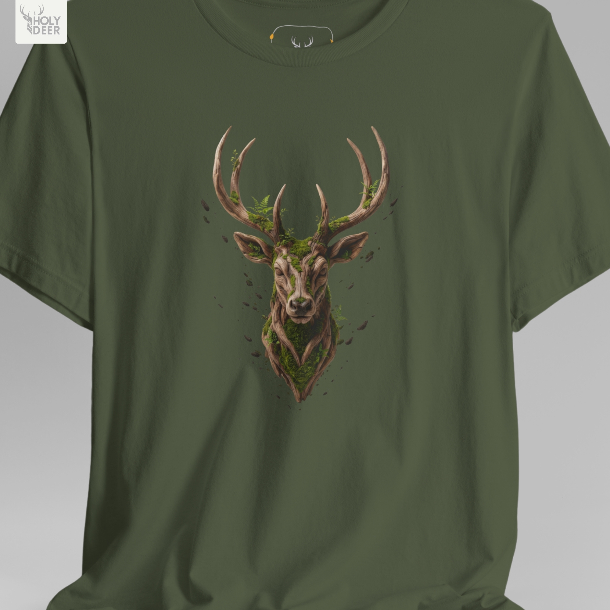 A close showroom catalog viewpoint of the Holydeer Apparel Deer Graphic Tee showing the specialized Earthy Concept Wear printing finish. The framework tracks the tight screen registration of this Dark Academia Shirt and Witchy Forest Top selection to monitor deep design style rendering, material texturing behaviors, and light reflection.