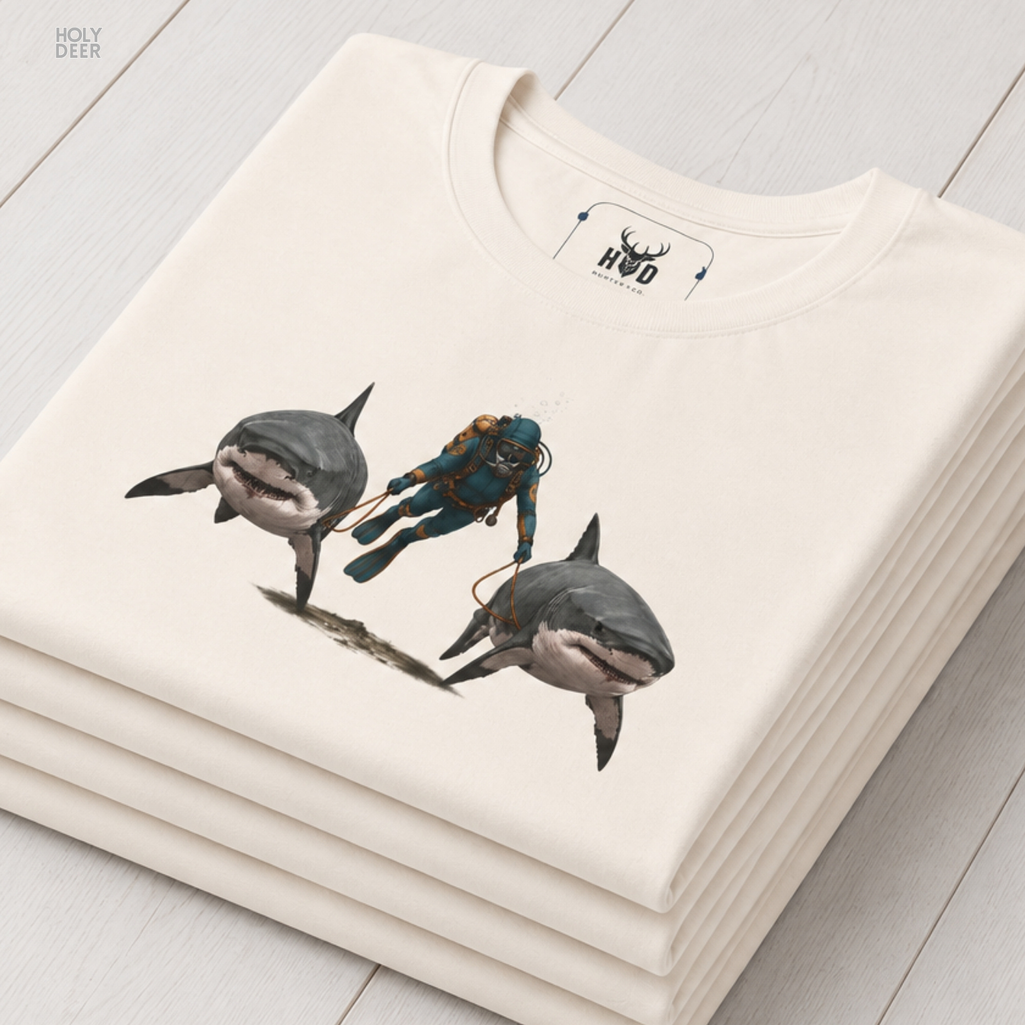 An extreme high-magnification macro focus inside the Holydeer Streetwear Shark Graphic Tee tracking the detailed Scuba Diver Gift rider vector. The print layer highlights the bright yellow oxygen tank fills, dark diving suit folds, trailing leash ropes, and clean ink borders that define this premium explorer gift shirt piece.