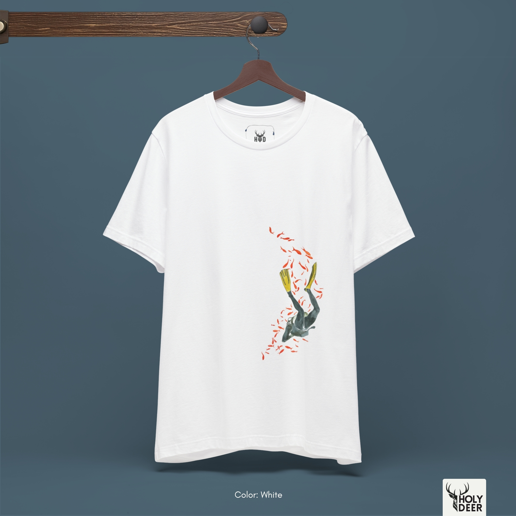 A technical macro view of the Holydeer Tee Scuba Diving Shirt capturing the fine chaotic bubble paths and desaturated current marks bordering the lower section. The frame monitors the clean graphic structure to secure high ocean lover gift layout cohesion, creating a premium presentation for our signature freediving apparel line.