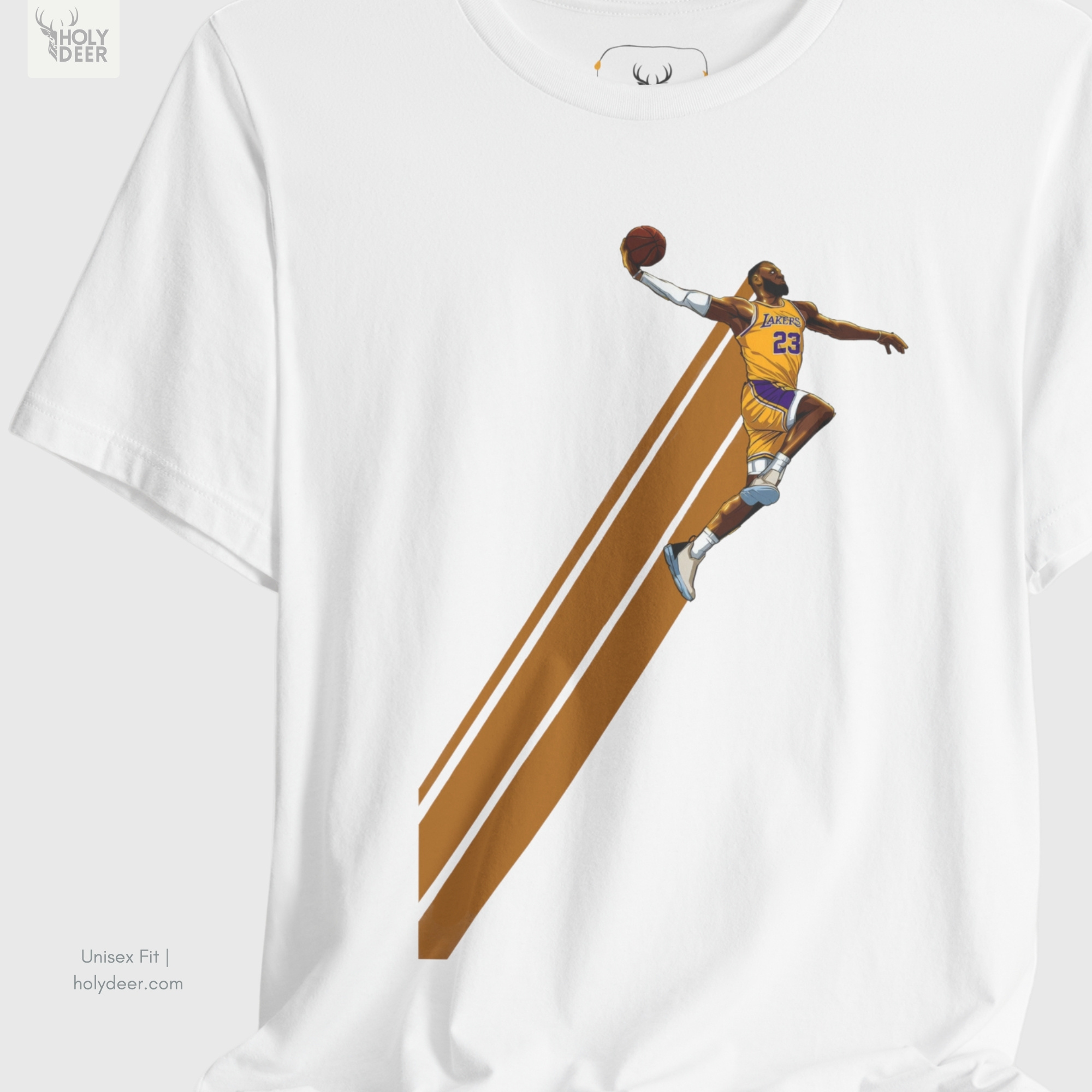 A commercial catalog layout tracking the Holydeer Clothing Basketball Shirt hanging cleanly from a custom timber stand. The product framework documents accurate streetball apparel material behavior, soft chest wrinkles, and balanced square casual fit parameters for high-end boutique distribution.