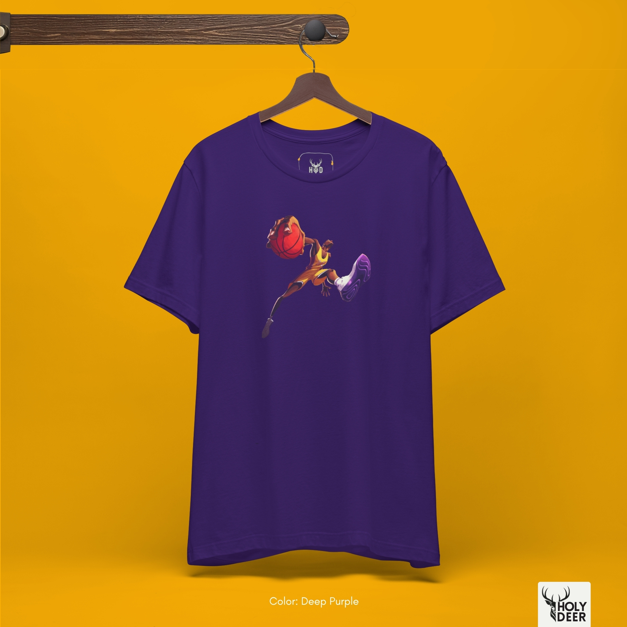 A tight technical macro view inside the Holydeer Clothing Basketball Shirt highlighting the flying purple and white sneaker print. This vector detail isolates the dynamic leg extension, sharp sole contours, and fine tonal transitions that capture the absolute peak of retro streetball motion graphics.