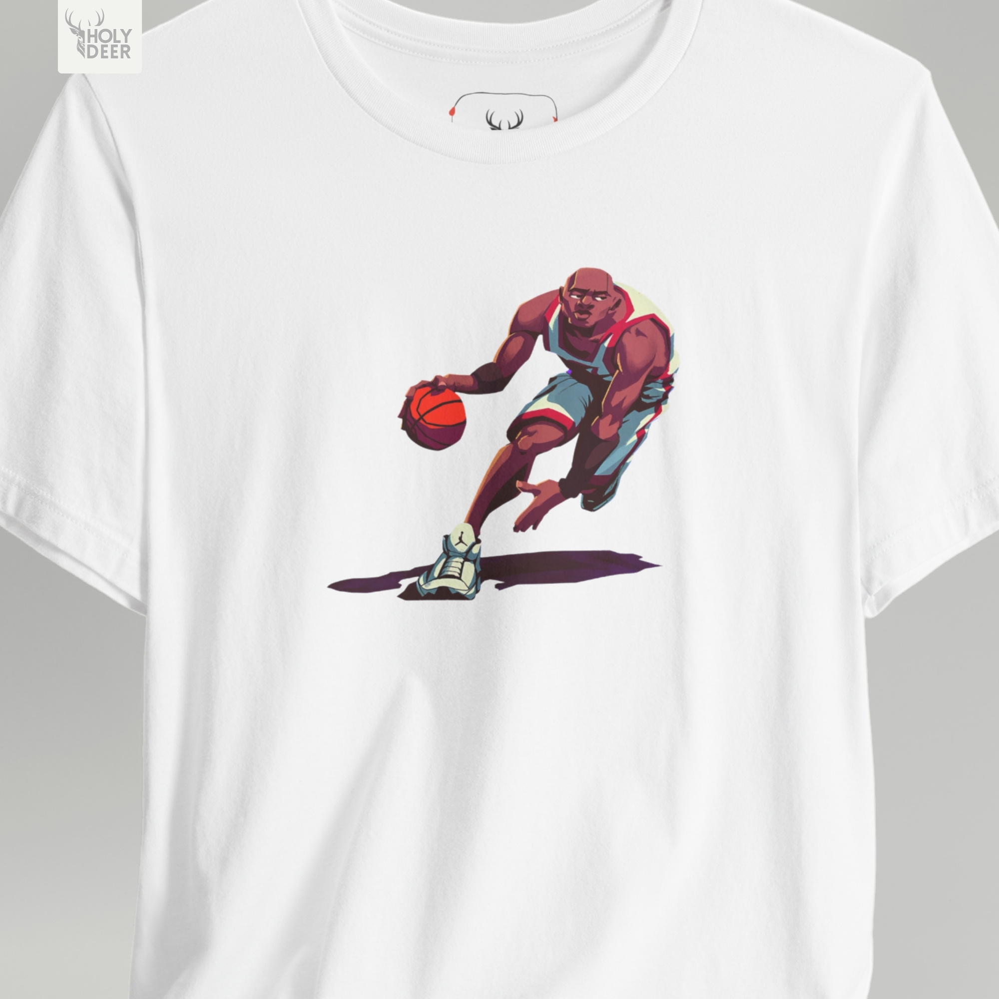 A technical macro view of the Holydeer Tee Basketball Shirt capturing the fine circular tracks and rich leather texture lines of the basketball. The frame monitors the clean graphic structure and sharp hand contours to secure high cool athlete top layout cohesion, creating a premium presentation for our nba tshirt run.