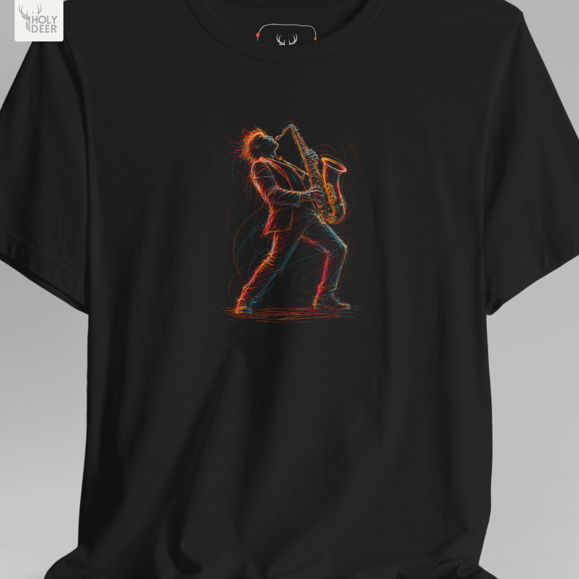 An extreme high-magnification macro focus inside the Holydeer Streetwear Saxophone Graphic T tracking the detailed Blues Musician Top instrument vector. The print layer highlights the sharp curved saxophone body lines, glowing keys, thin energetic valve hand positions, and clean ink borders that define this premium jazz music shirt piece.