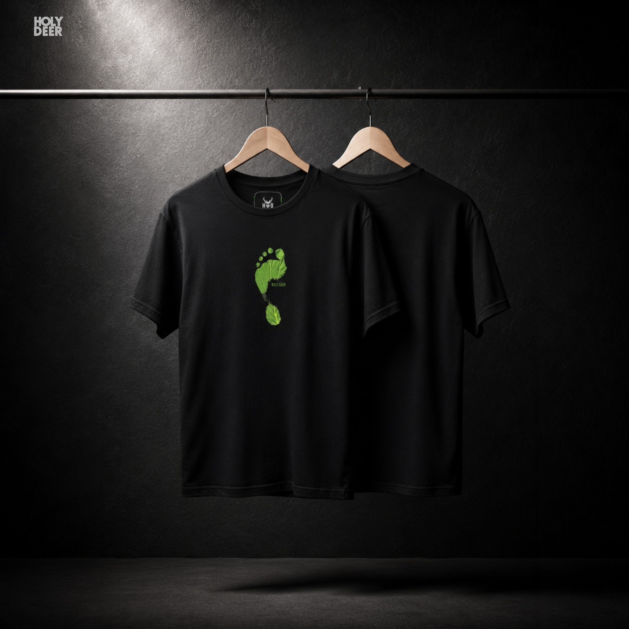 An extreme high-magnification macro focus inside the Holydeer Streetwear Walk Green Tee tracking the detailed Green Living Shirt friction ridge matrix. The print layer highlights the sharp branch-like organic ridges, nested green plant fibers, small leaf structure extensions, and clean ink borders that define this premium minimalist leaf top piece.