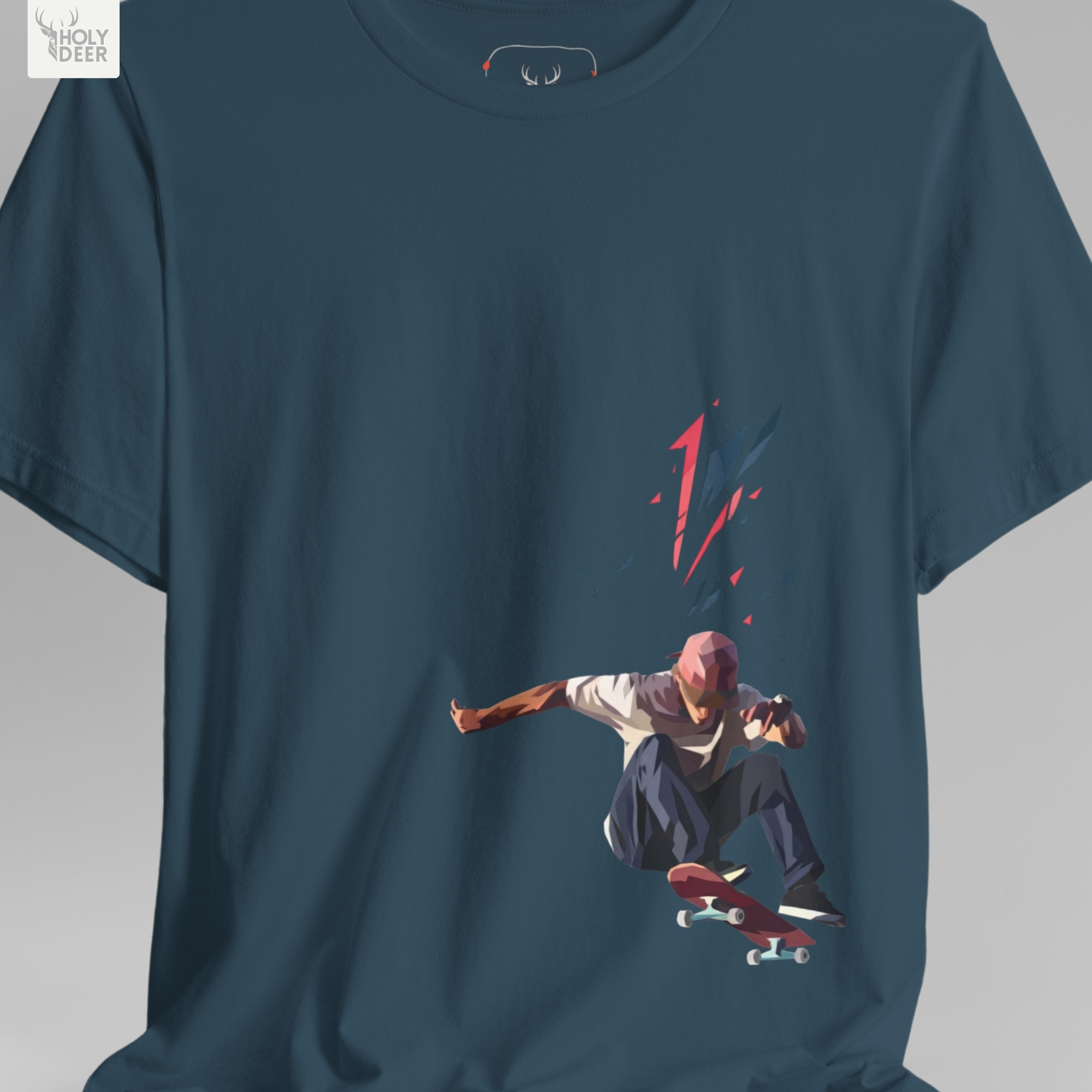 An extreme high-magnification macro focus inside the Holydeer Streetwear Skateboarder Tee tracking the detailed Deep Design Style athlete vector. The print layer highlights the sharp geometric polygon facets, angular facial shading blocks, burgundy cap lines, and solid red skateboard deck wood layers that define this premium skater gift shirt piece.