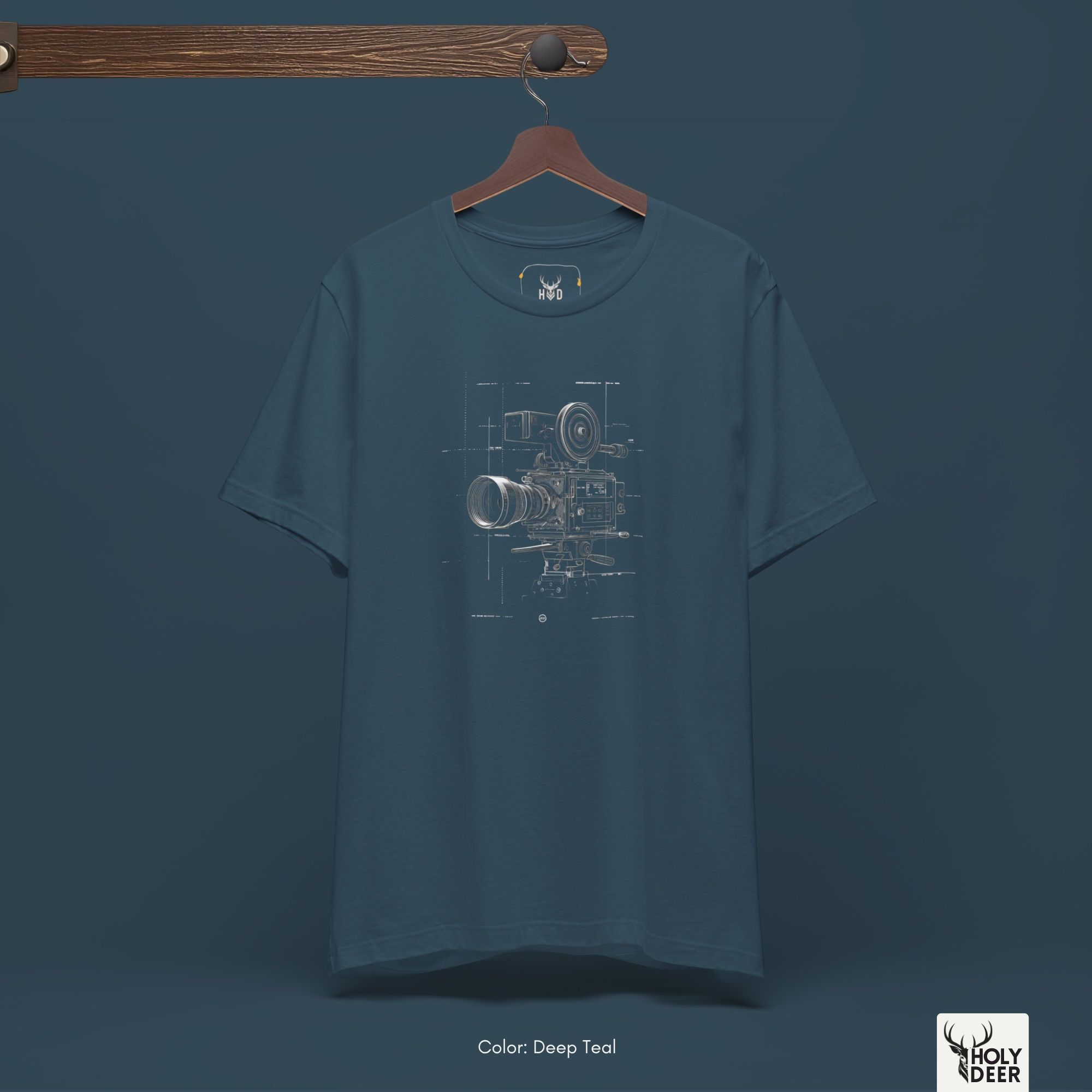 A close showroom catalog viewpoint of the Holydeer Apparel Film Director Tee showing the specialized Analog Film Clothing printing finish. The framework tracks the tight screen registration of this Cinematographer Top and Director Photography selection to monitor deep design style rendering, material texturing behaviors, and light reflection.