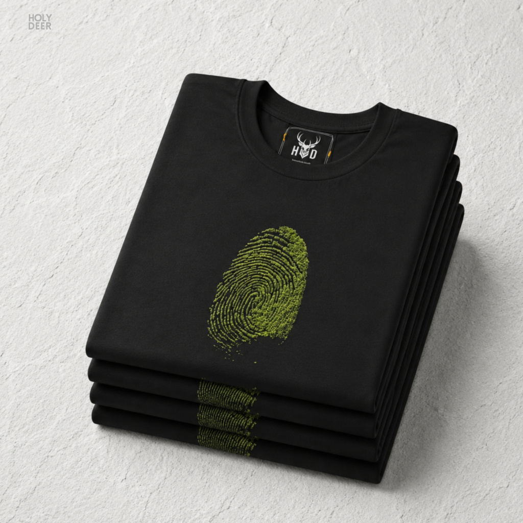 An extreme high-magnification macro focus inside the Holydeer Streetwear Green Identity Tee tracking the detailed Sustainability Shirt friction ridges matrix. The print layer highlights the sharp branch-like organic ridges, nested green plant fibers, small leafy foliage extensions, and clean ink borders that define this premium conscious identity t piece.