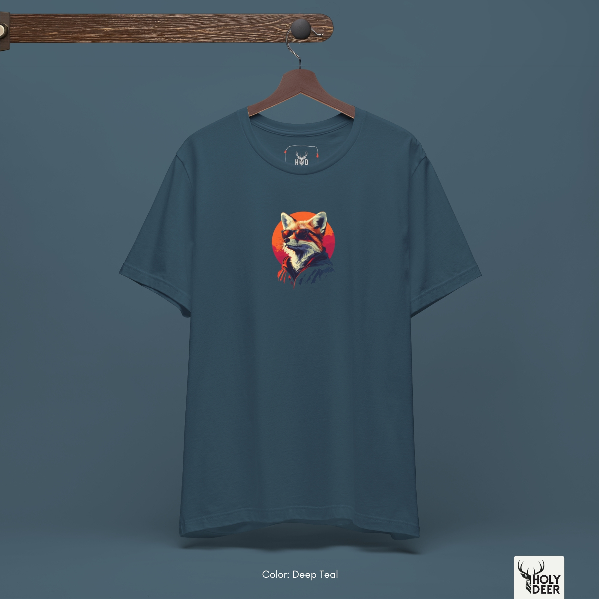 An extreme high-magnification macro focus inside the Holydeer Streetwear Cool Fox Graphic Tee tracking the detailed Urban Animal T-Shirt frame vector. The print layer highlights the bright orange fur shading gradients, sharp black sunglass rims, smooth snout reflections, and clean ink borders that define this premium cool red fox shirt piece.