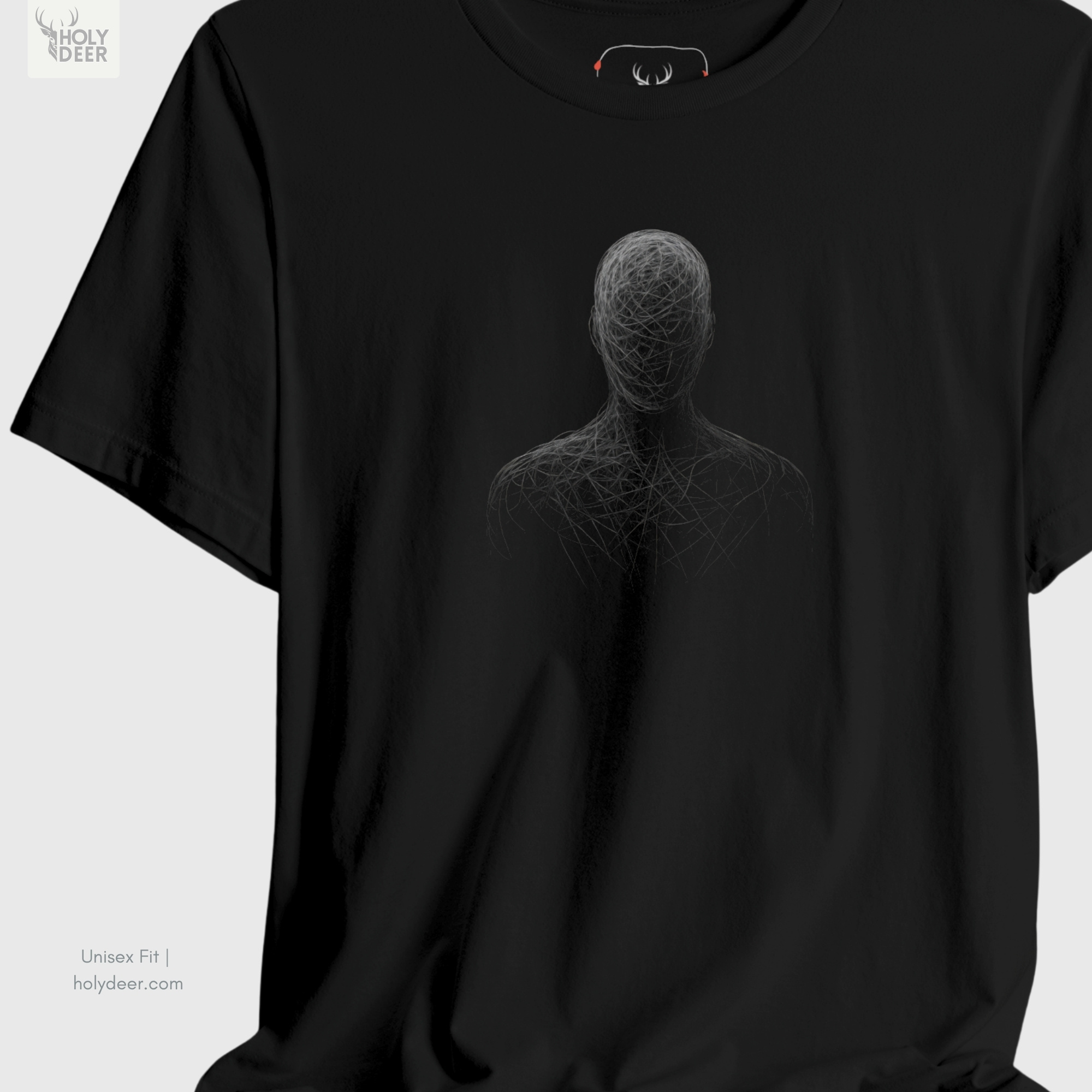An extreme high-magnification macro focus inside the Holydeer Streetwear Abstract Bust Tee tracking the detailed Minimalist Line Art head curvature matrix. The print layer highlights the sharp scratch-like white vector threads, nested dark shading voids, dense overlapping line clusters, and clean ink borders that define this premium wireframe portrait piece.