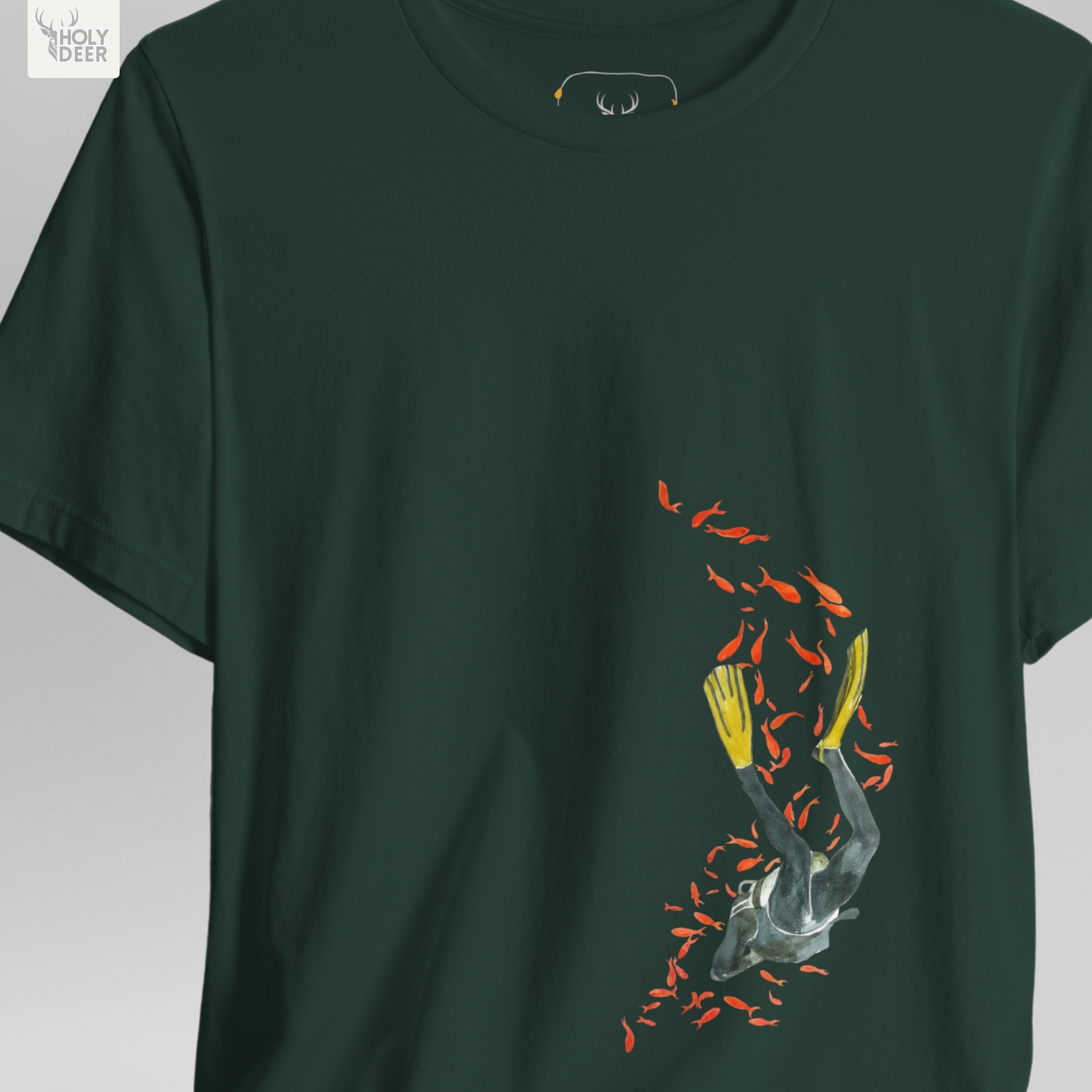 An extreme high-magnification macro focus inside the Holydeer Streetwear Scuba Diving Shirt tracking the detailed Diver Graphic Tee athlete vector. The print layer highlights the bright yellow swim fin fills, desaturated grayscale wetsuit muscle highlights, trailing diving equipment lines, and clean ink borders that define this premium marine biology gift piece.