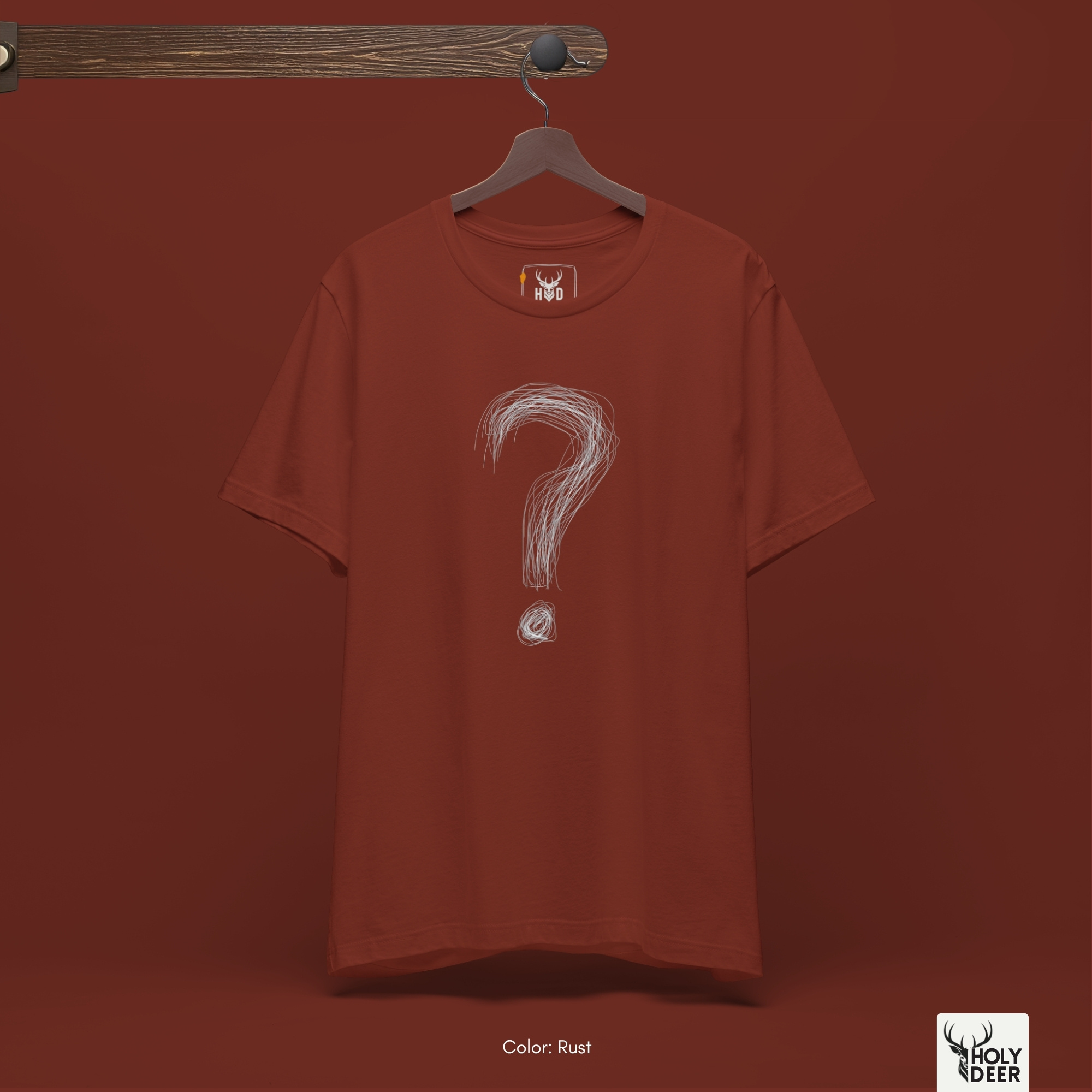 A technical macro view of the Holydeer Tee Question Mark Tee capturing the fine chaotic line arrays forming the upper hook of the mark. The frame monitors the clean graphic structure and micro-sized threads to secure high moody graphic tee layout cohesion, creating a premium presentation for our signature existential tee line.