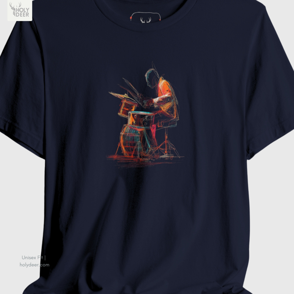 A detailed macro inspection of the Holydeer Clothing Drummer Graphic Tee focusing entirely on the rhythmic percussion instruments. This specific section tracks the circular snare rims, multiple tom-tom layers, dense red bass drum base textures, and glowing neon paint streaks forming the core of the colorful drum tee symbol.