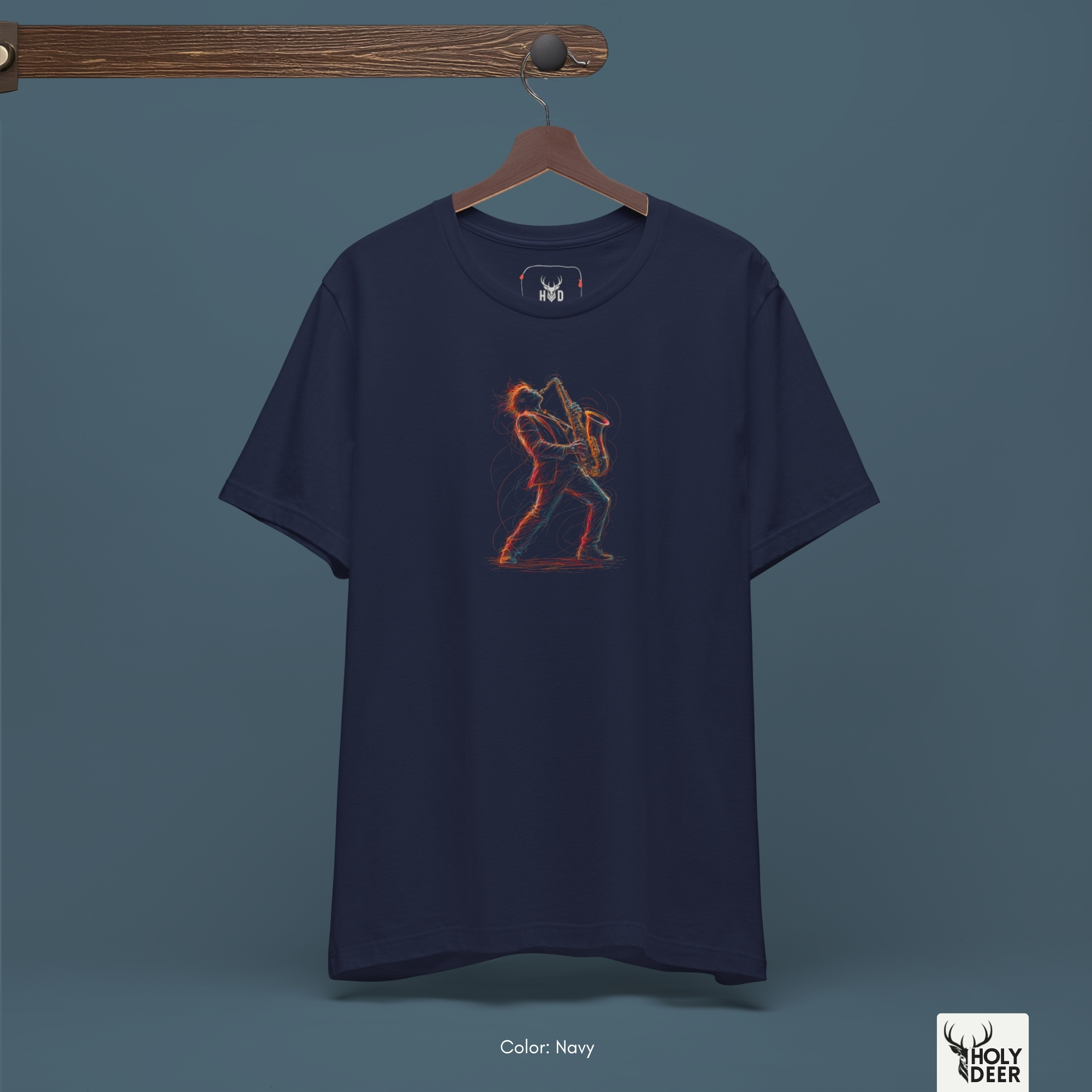 A detailed macro inspection of the Holydeer Clothing Saxophone Graphic T focusing entirely on the dynamic motion lines of the jazz musician. This specific section tracks the scattered crimson hair locks, overlapping sketchy jacket bounds, leaning posture angles, and glowing neon paint streaks forming the core of the soul music clothing symbol.