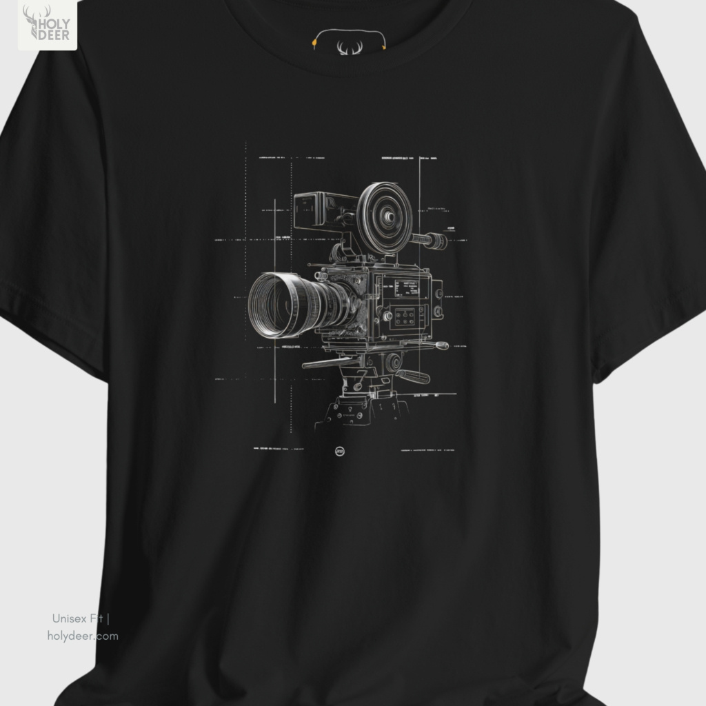 An extreme high-magnification macro focus inside the Holydeer Streetwear Film Director Tee tracking the detailed Deep Design Style focal glass vector. The print layer highlights the sharp lens segment notches, circular gear rings, wide sun shade matte box lines, and clean white ink borders that define this premium vintage camera tee piece.